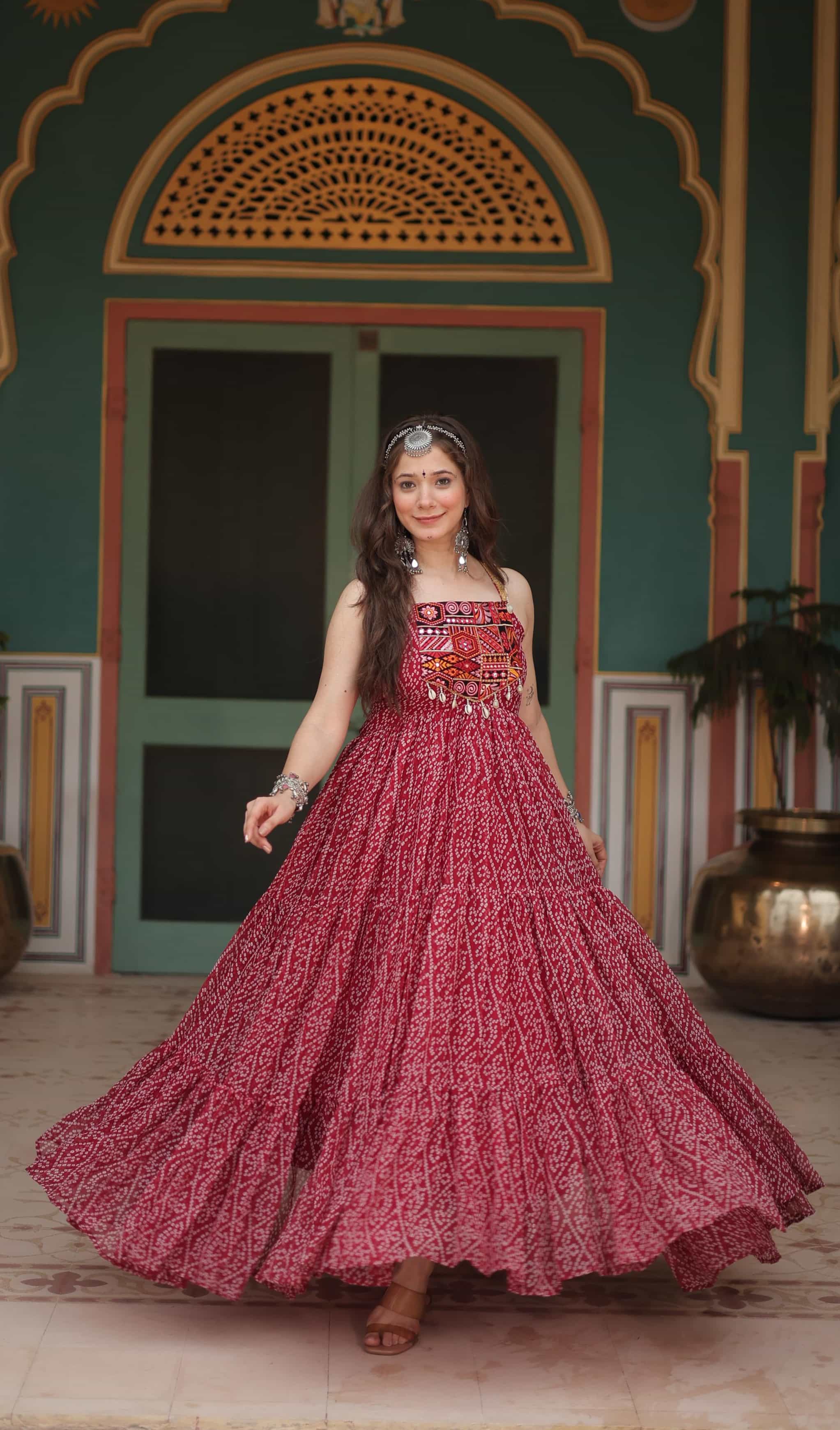 Flowy Bandhani print long gown for festive and wedding wear