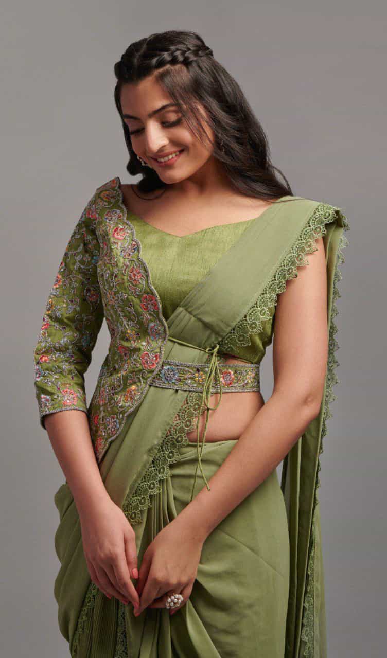 olive green diamond georgette saree