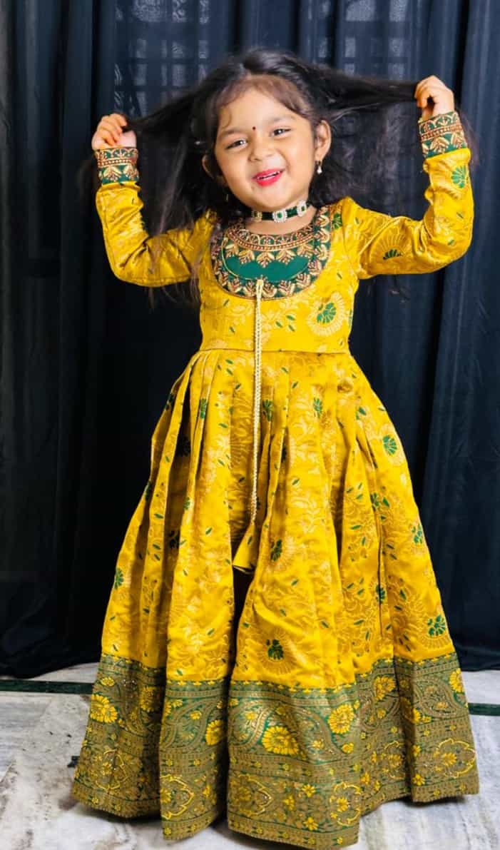 mustard yellow silk gown for kids