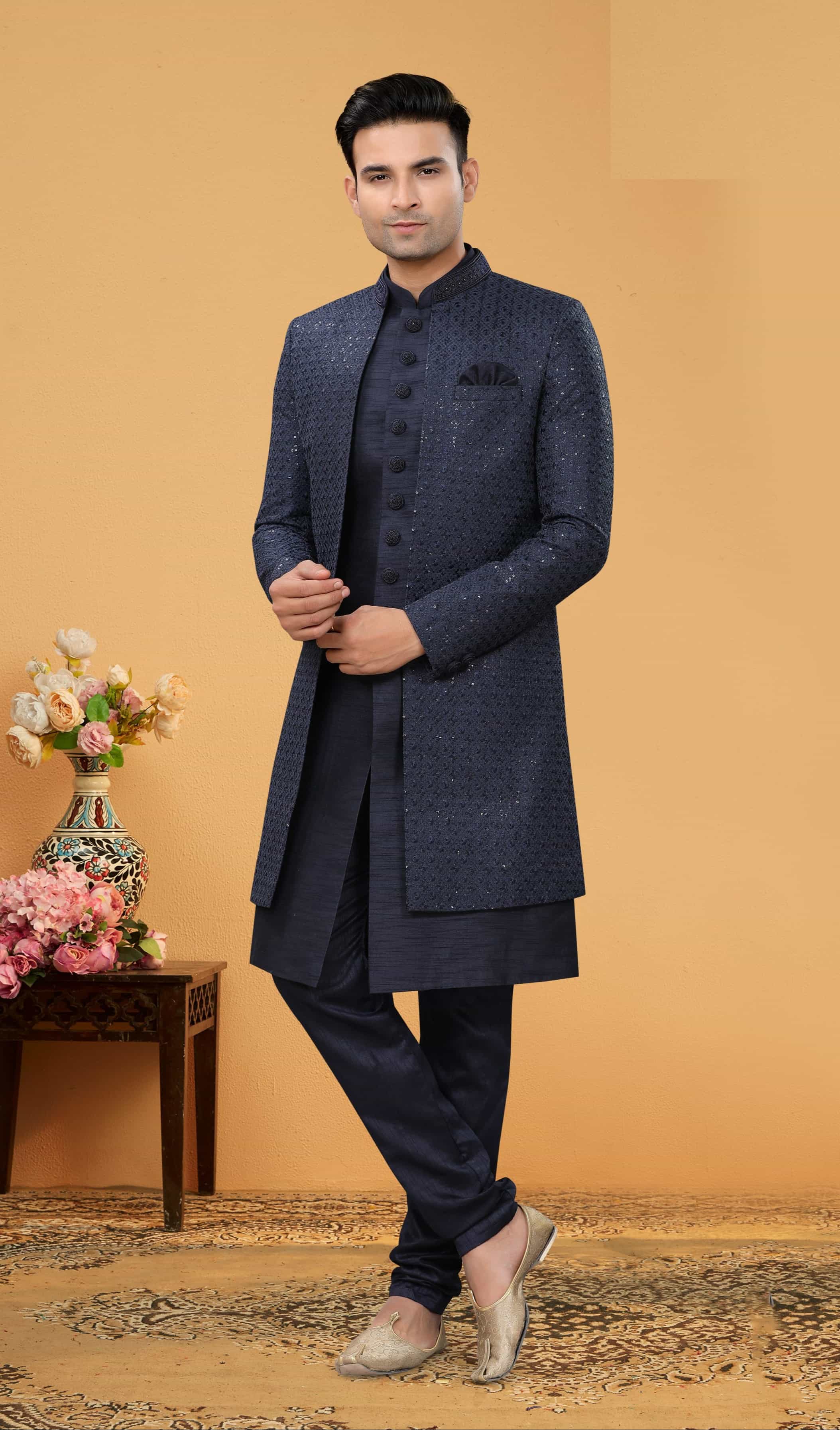 Black art silk kurta with Lucknowi embroidery