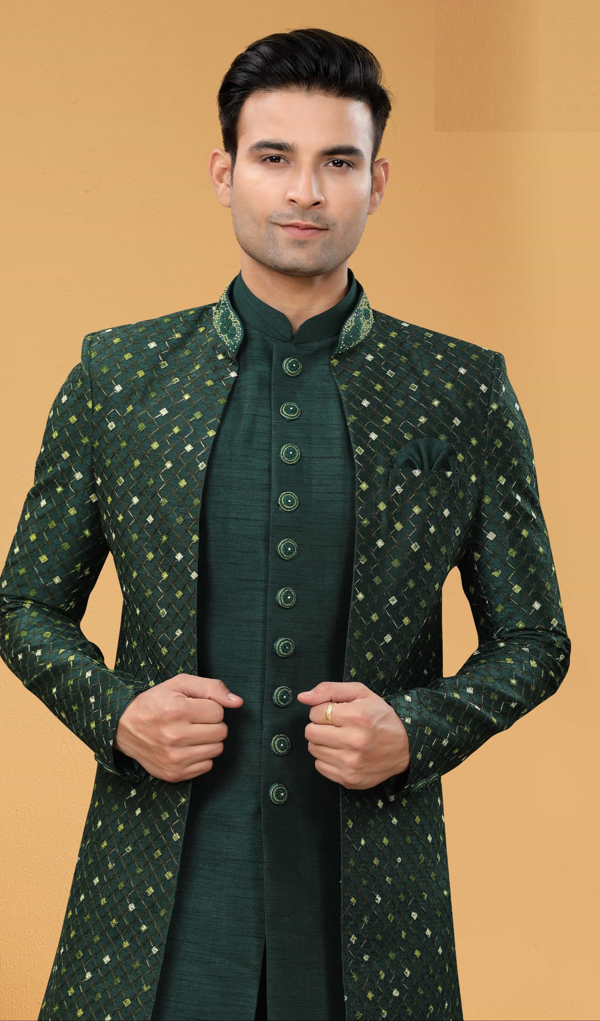 Dark green art silk kurta for men