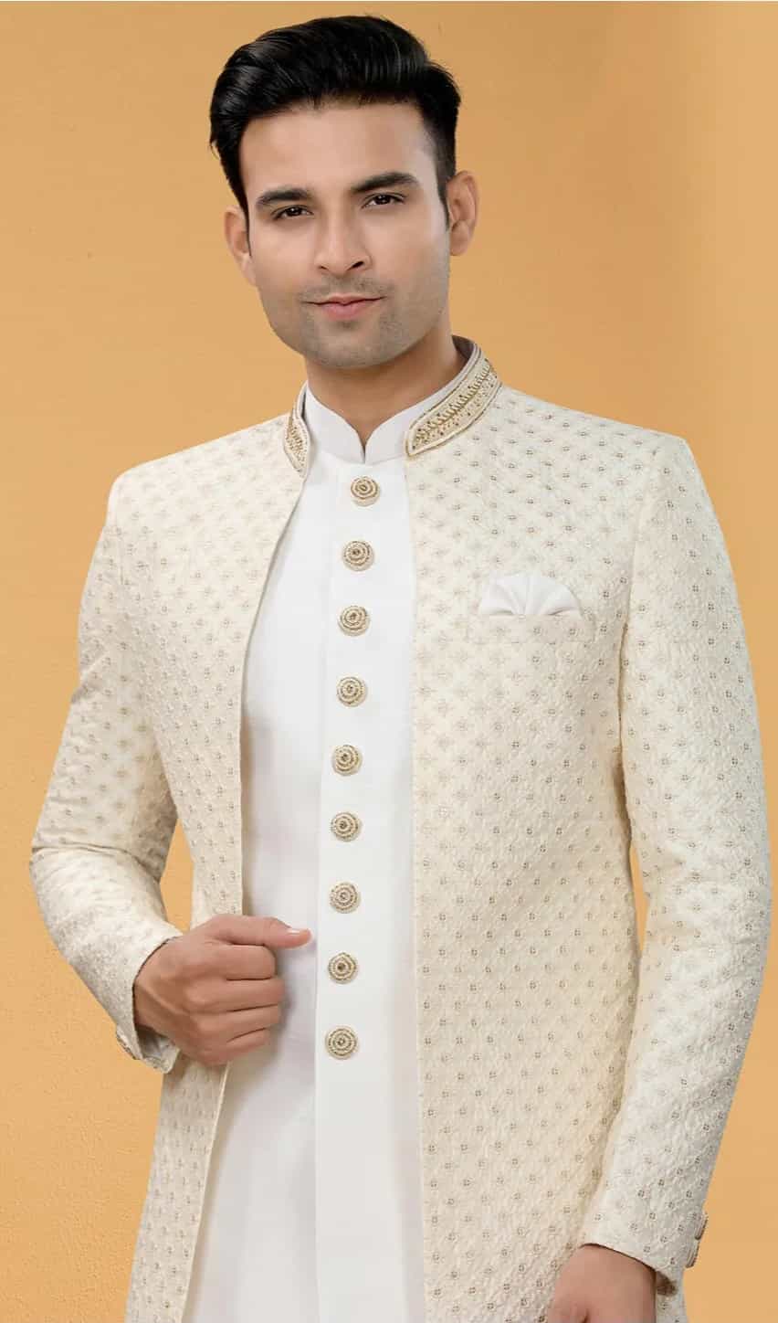 Off-white art silk sherwani 
