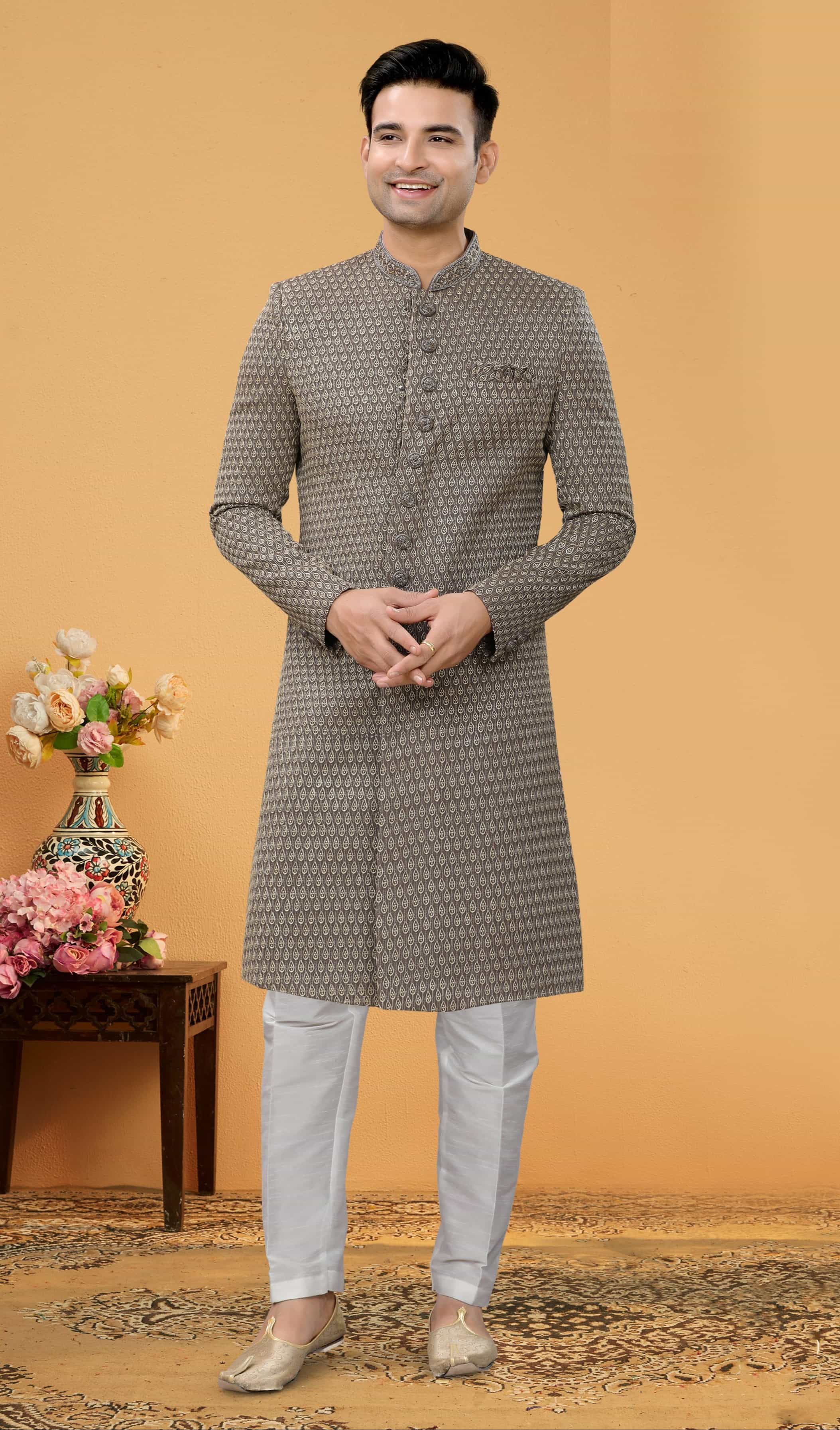 Grey faux bamber kurta with hand embroidery