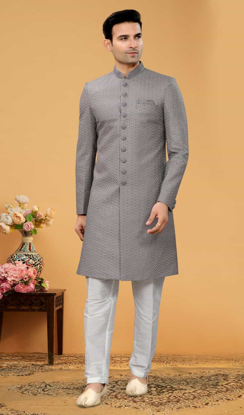 Silver embroidered kurta pajama for men