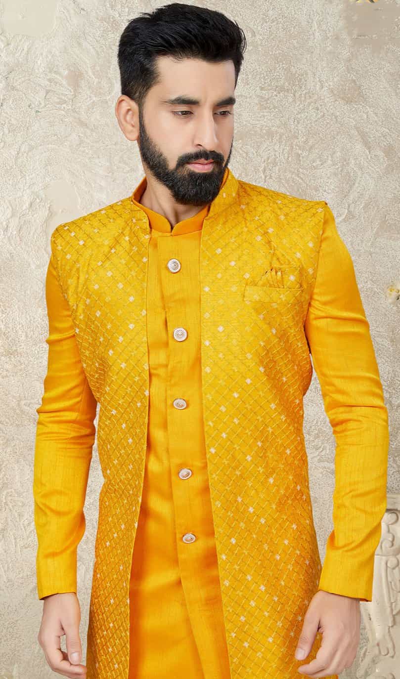 yellow kurta pajama with jacket