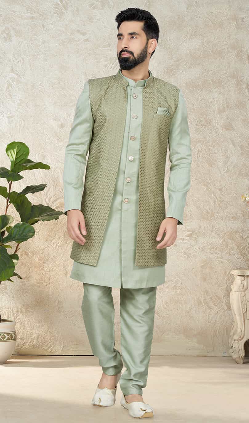 green kurta pajama with jacket