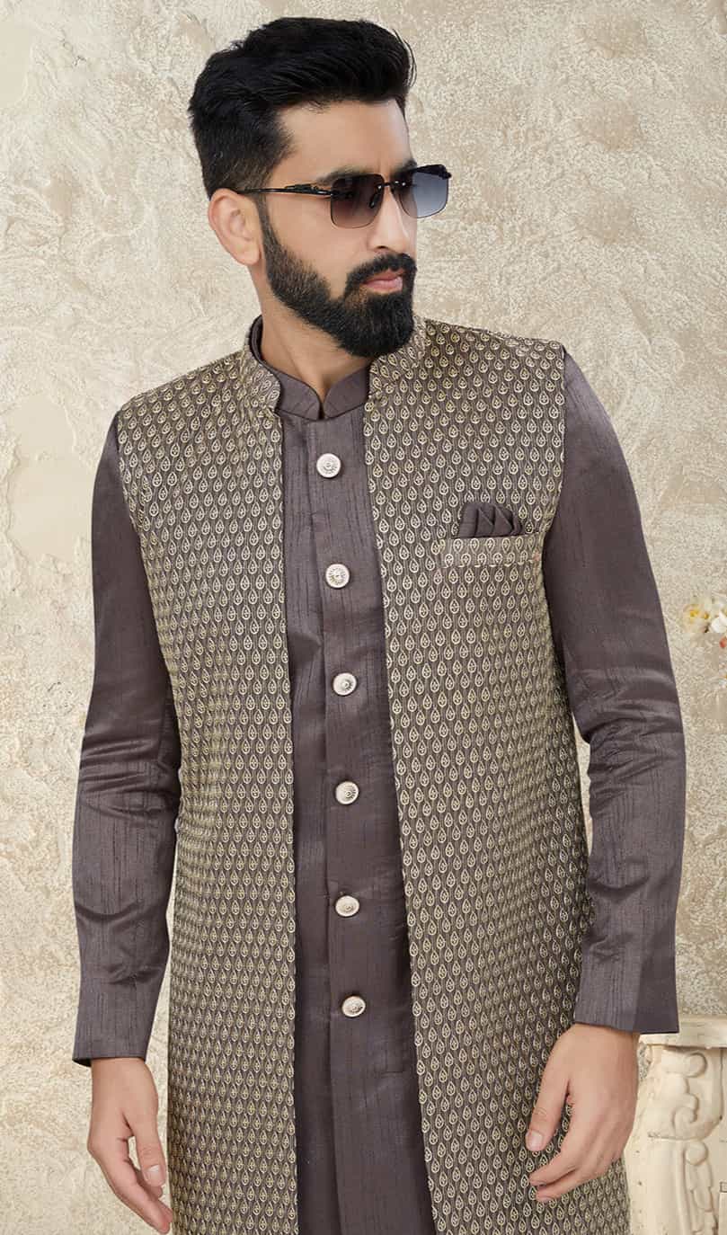dark grey kurta pajama with jacket