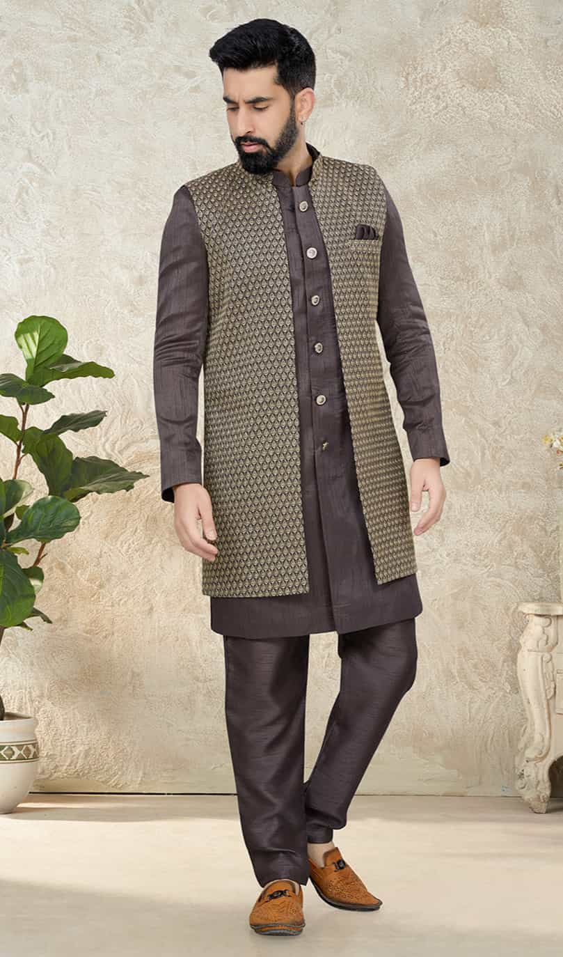 dark grey kurta pajama with jacket