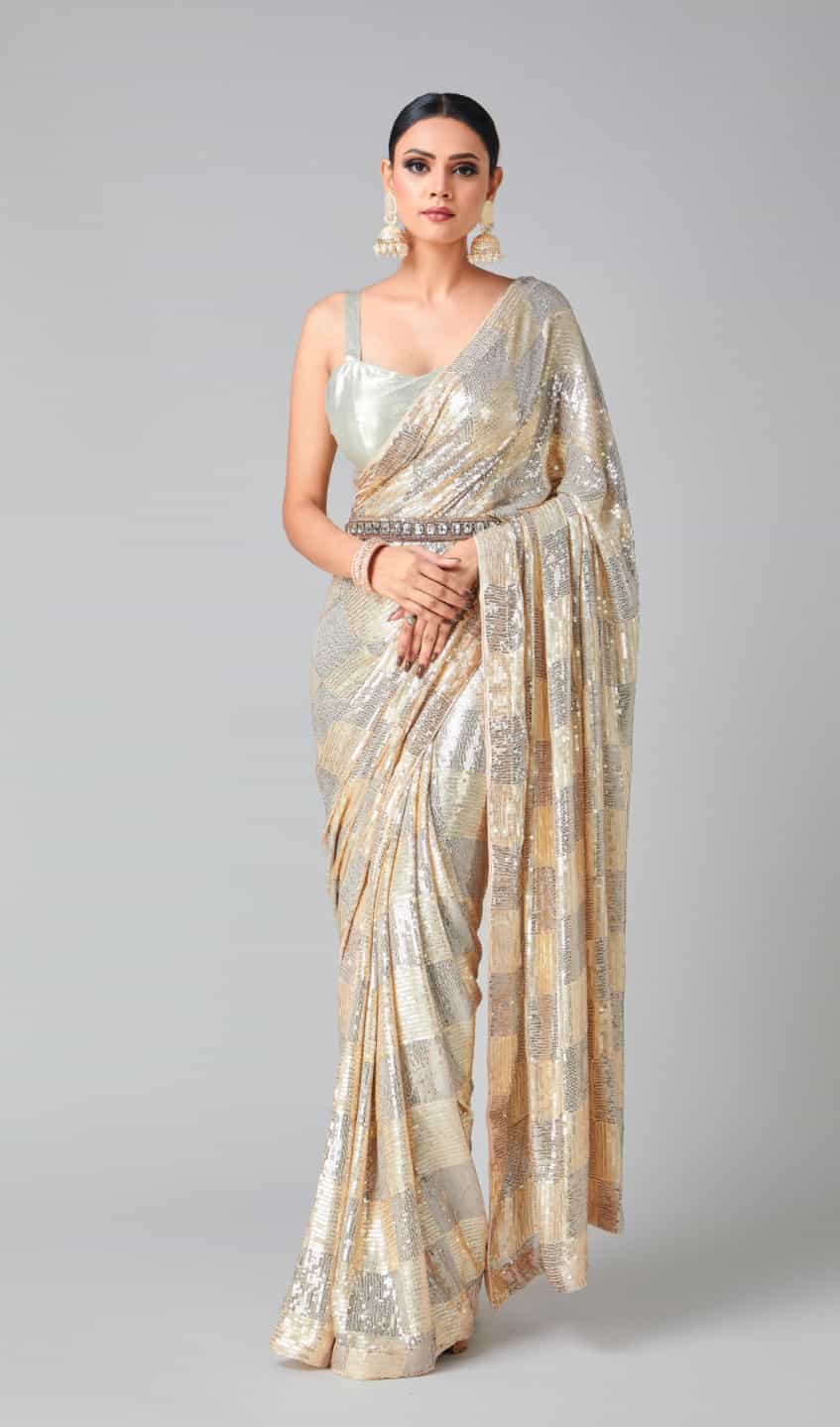 Beige Georgette Saree with Sequins Work
