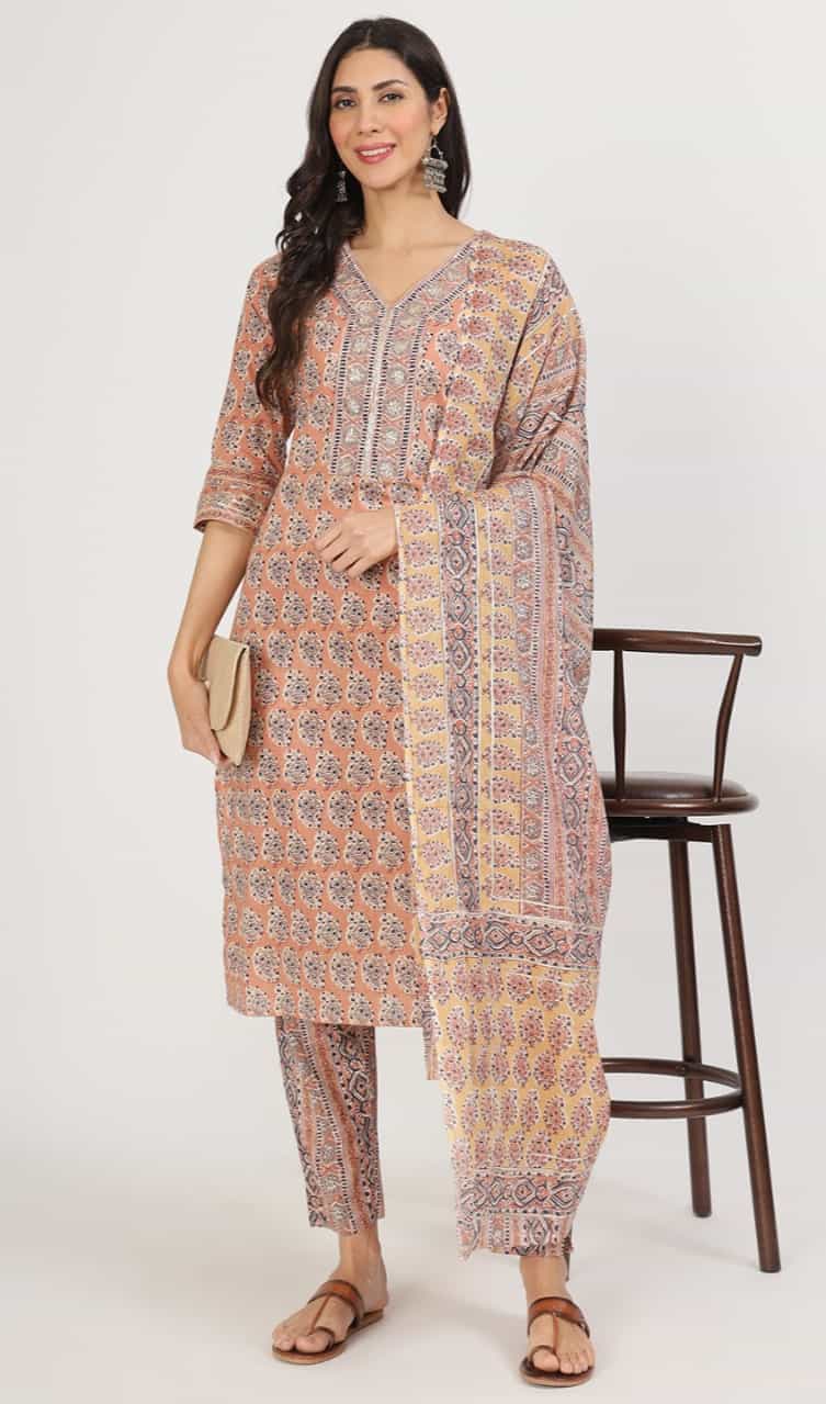 rust floral printed kurta with three-quarter sleeves