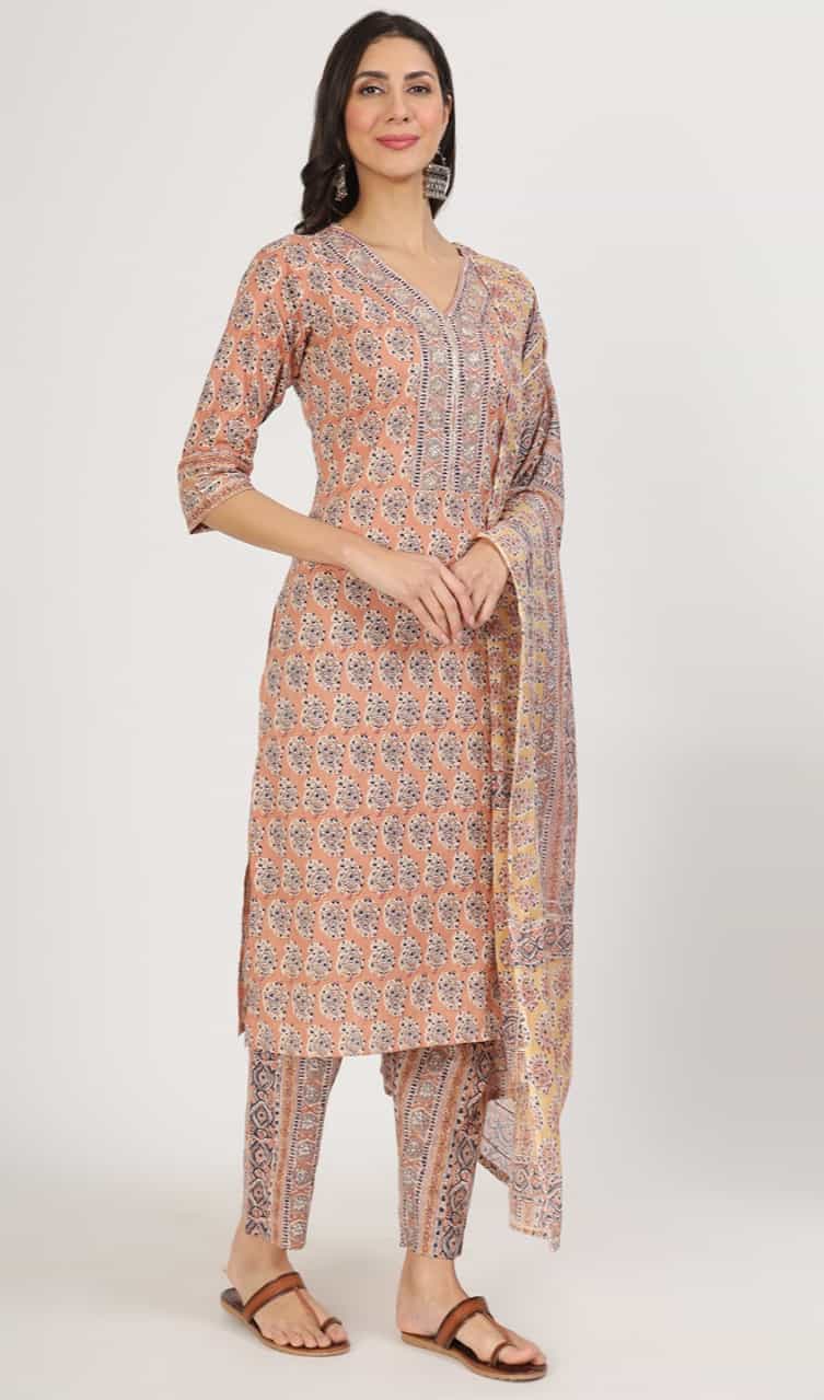 floral printed rust cotton kurta with slip-on trousers