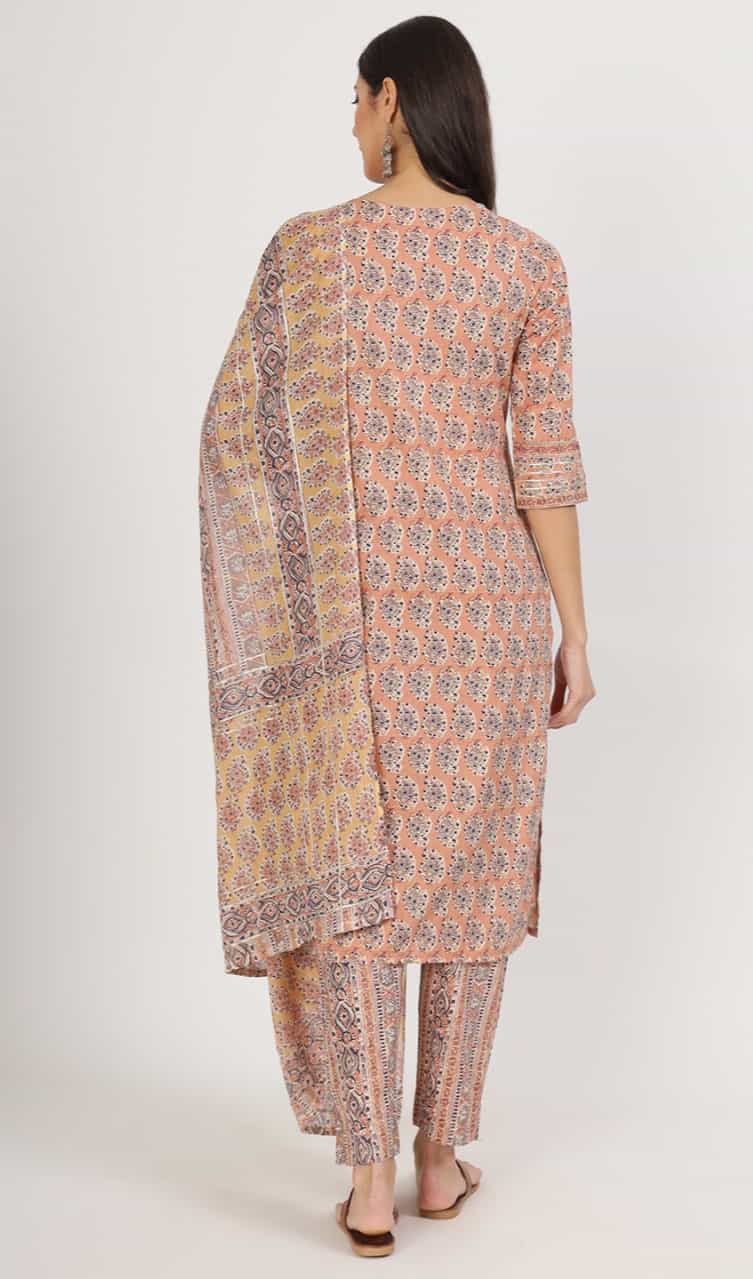 rust cotton kurta with printed trousers and v-neck