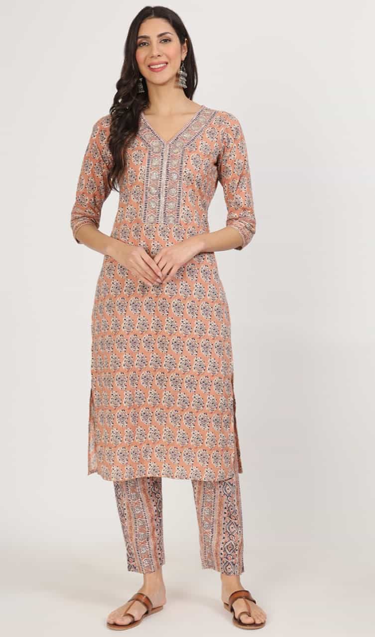 rust floral printed straight shape cotton kurta