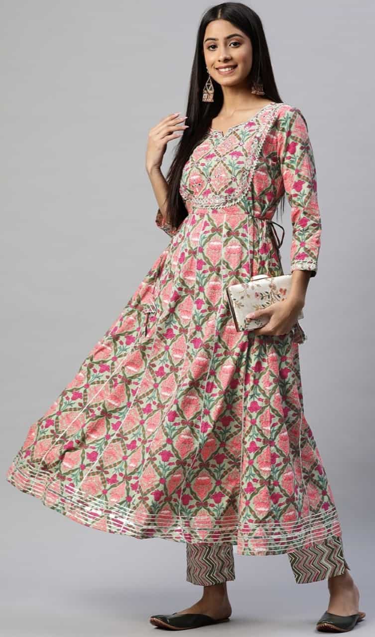 floral embroidered multicolor anarkali with printed trousers