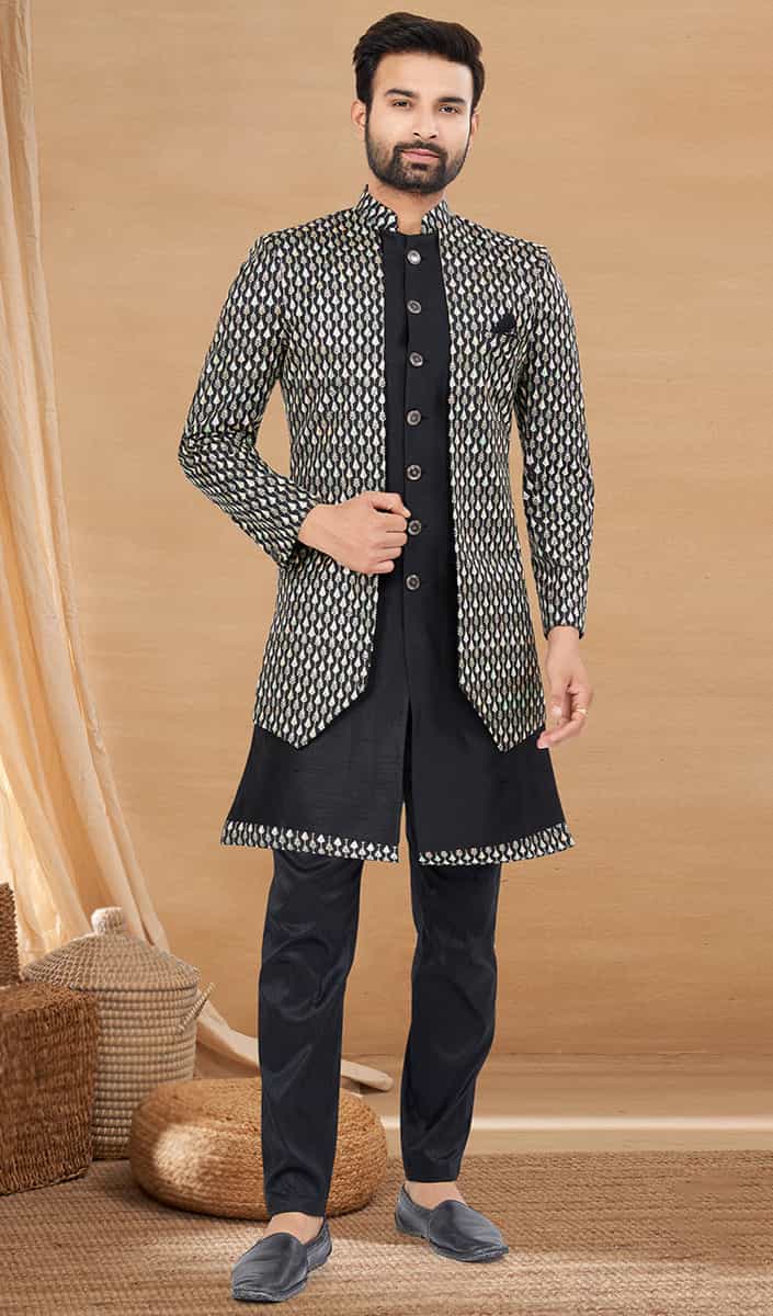 black kurta pajama with viscose jacket