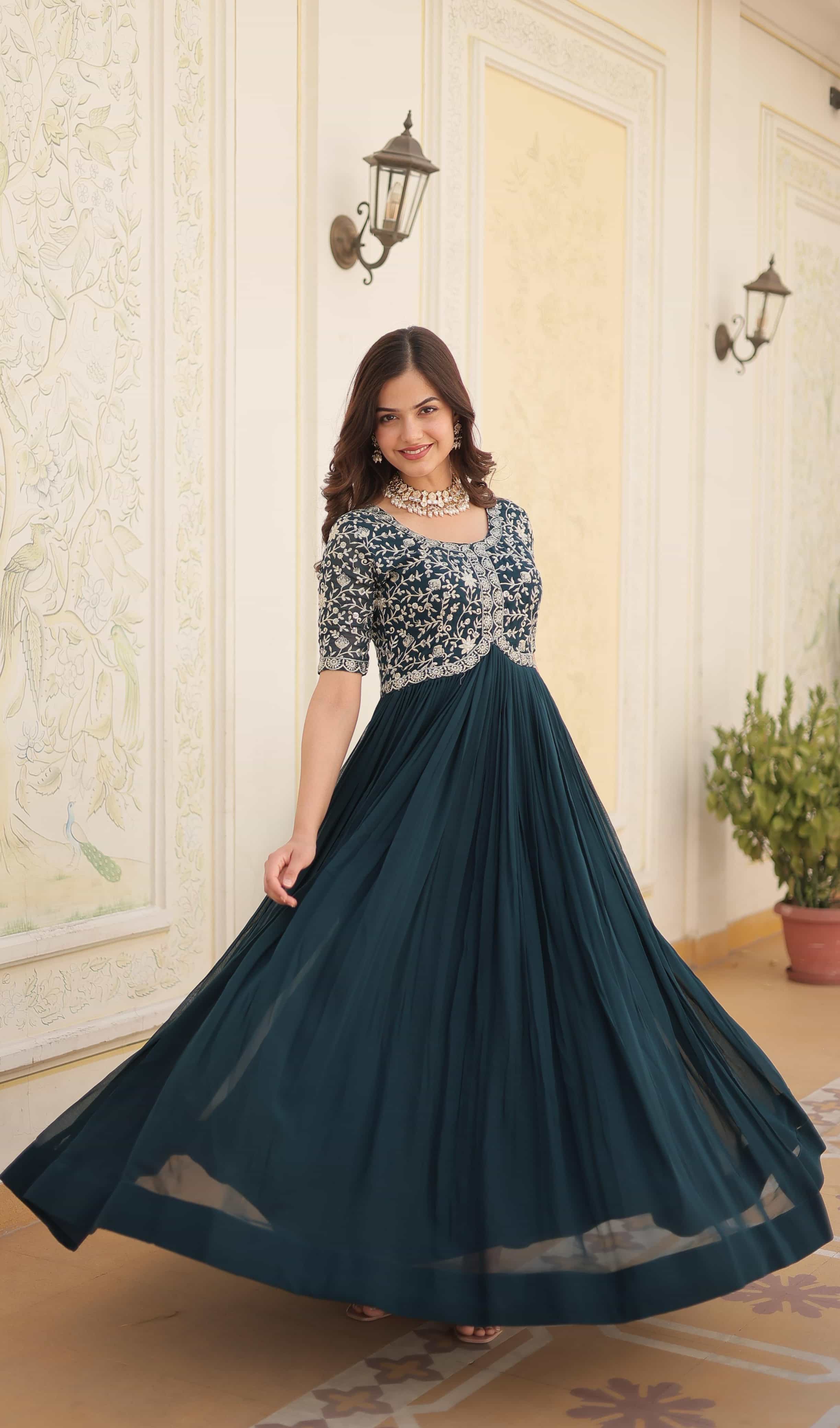 Green faux blooming embroidered gown