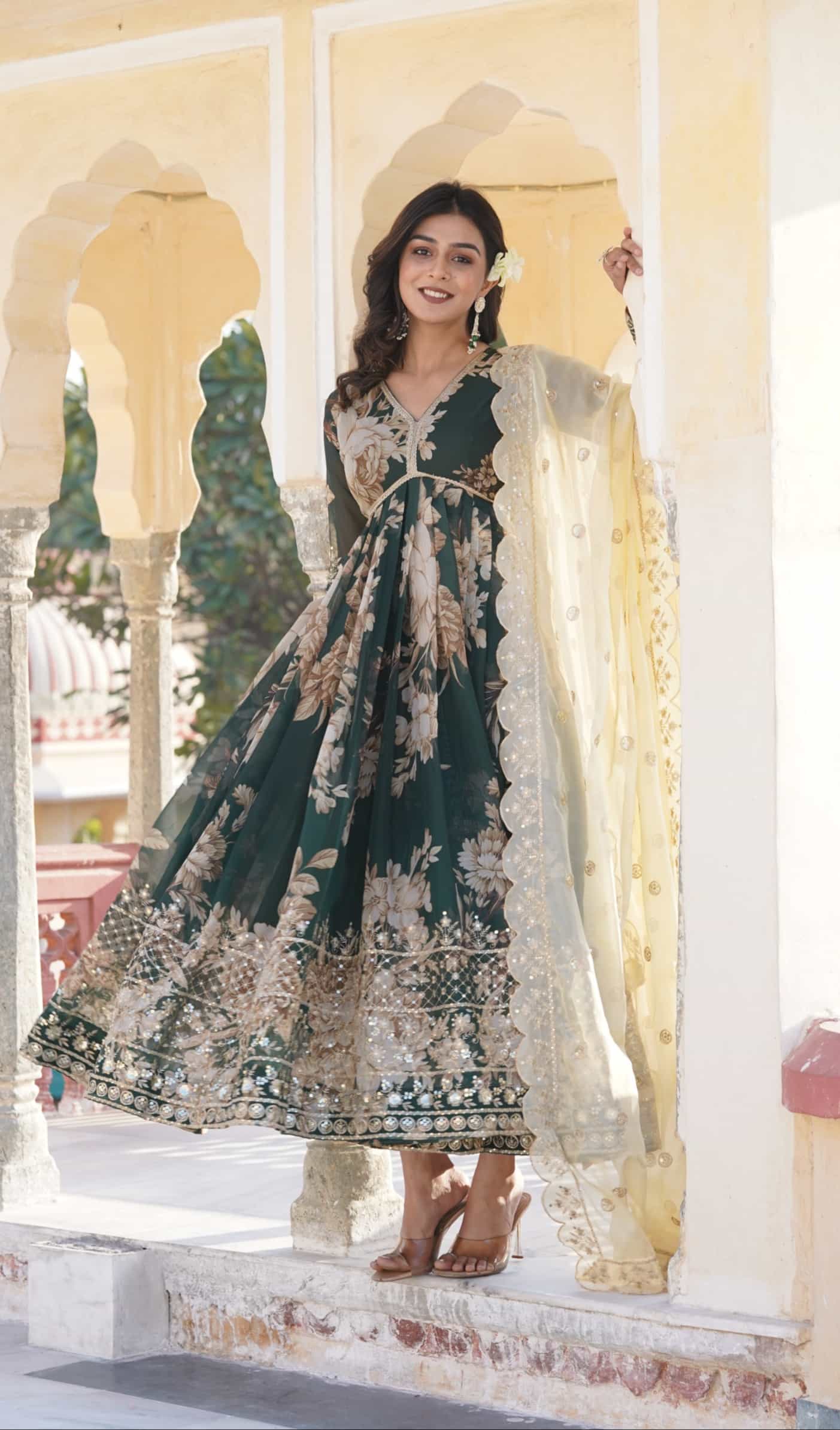 Silk gown with cut-work dupatta