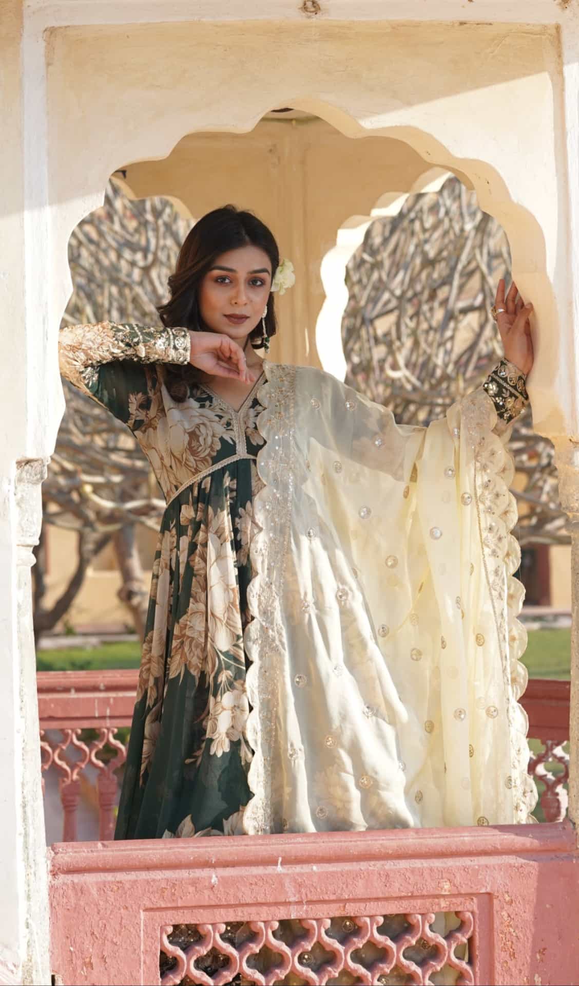Green Russian silk gown set
