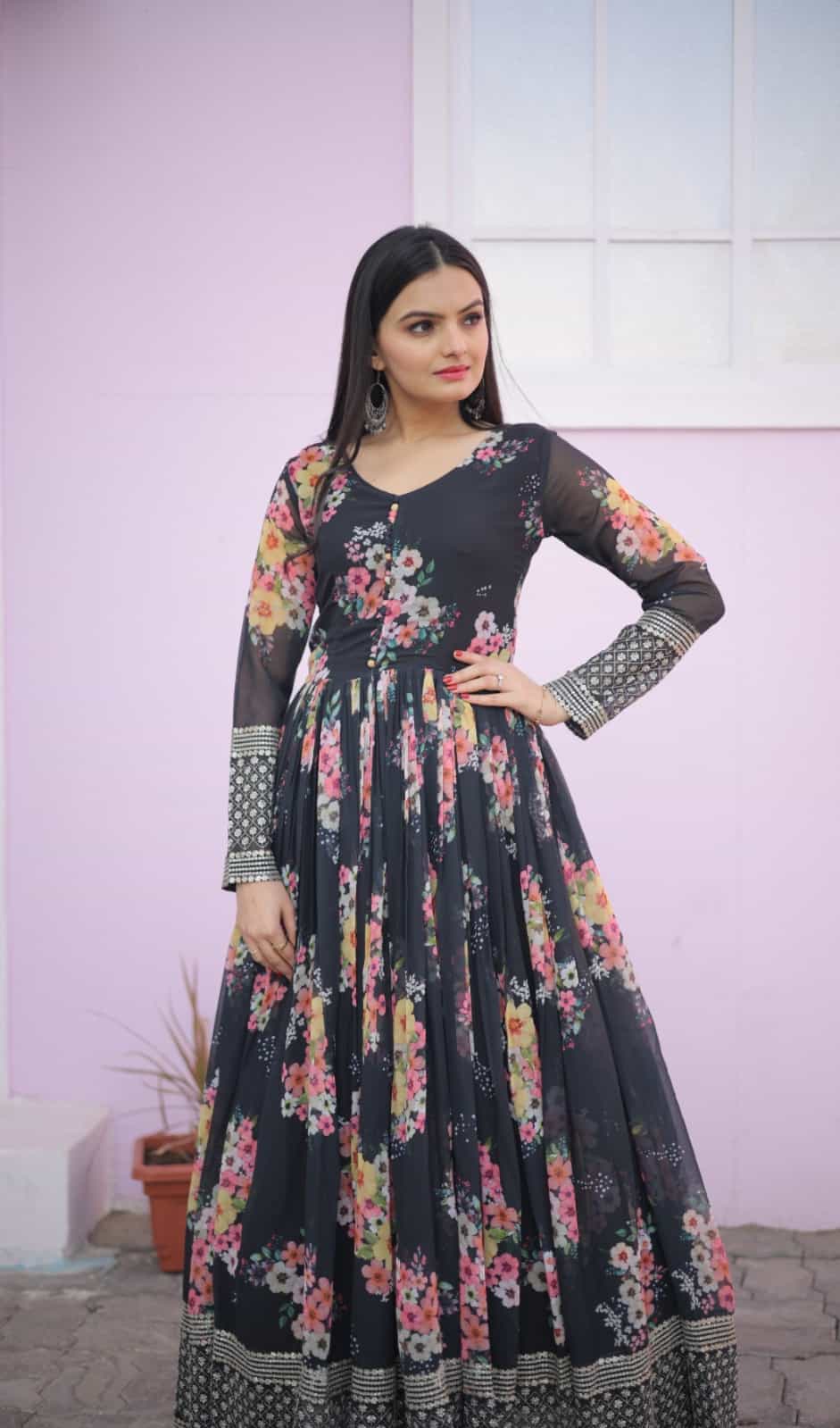 Black georgette gown with embroidery