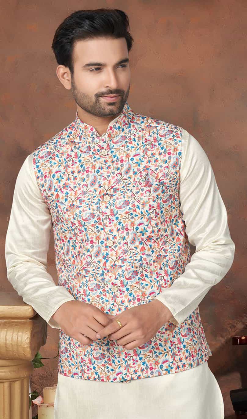 kurta pajama with multicolor jacket for men
