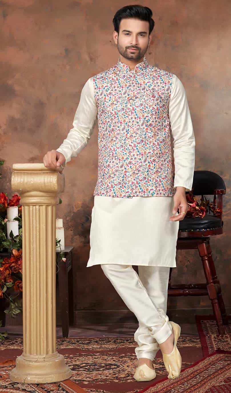 white kurta pajama with jacket for men