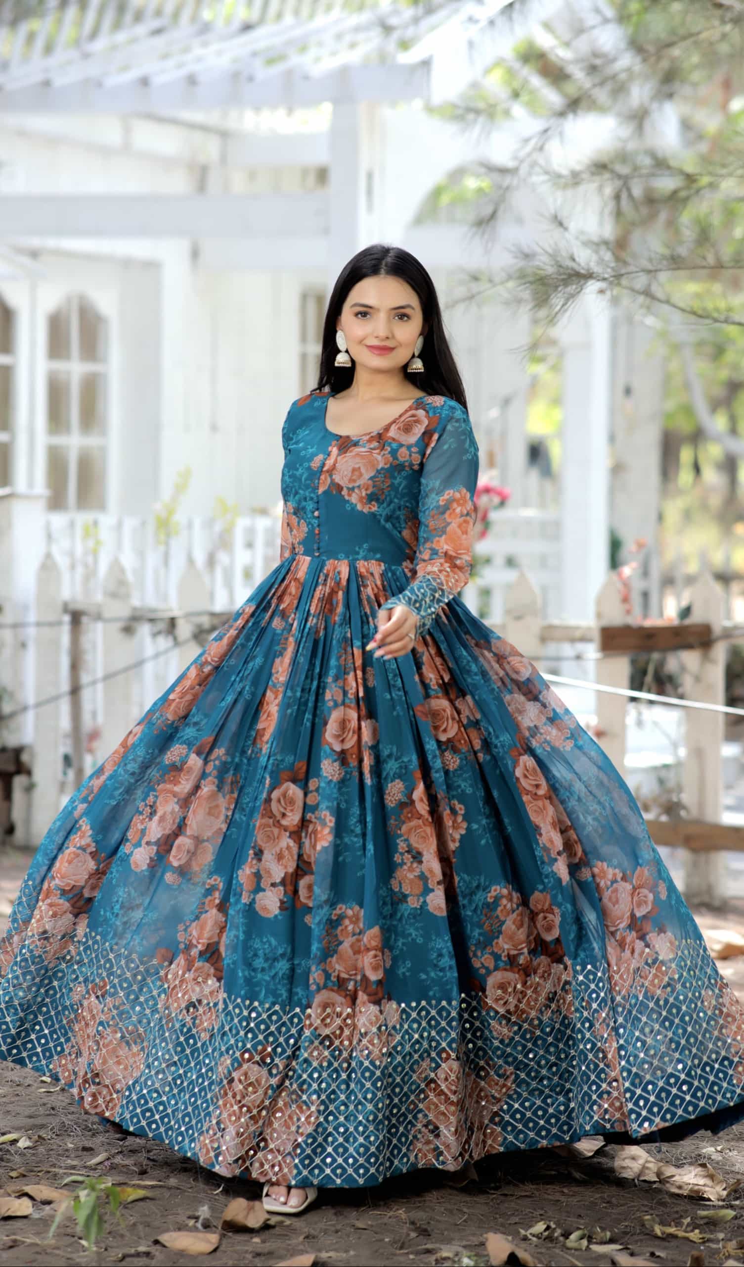Blue digital printed embroidered gown