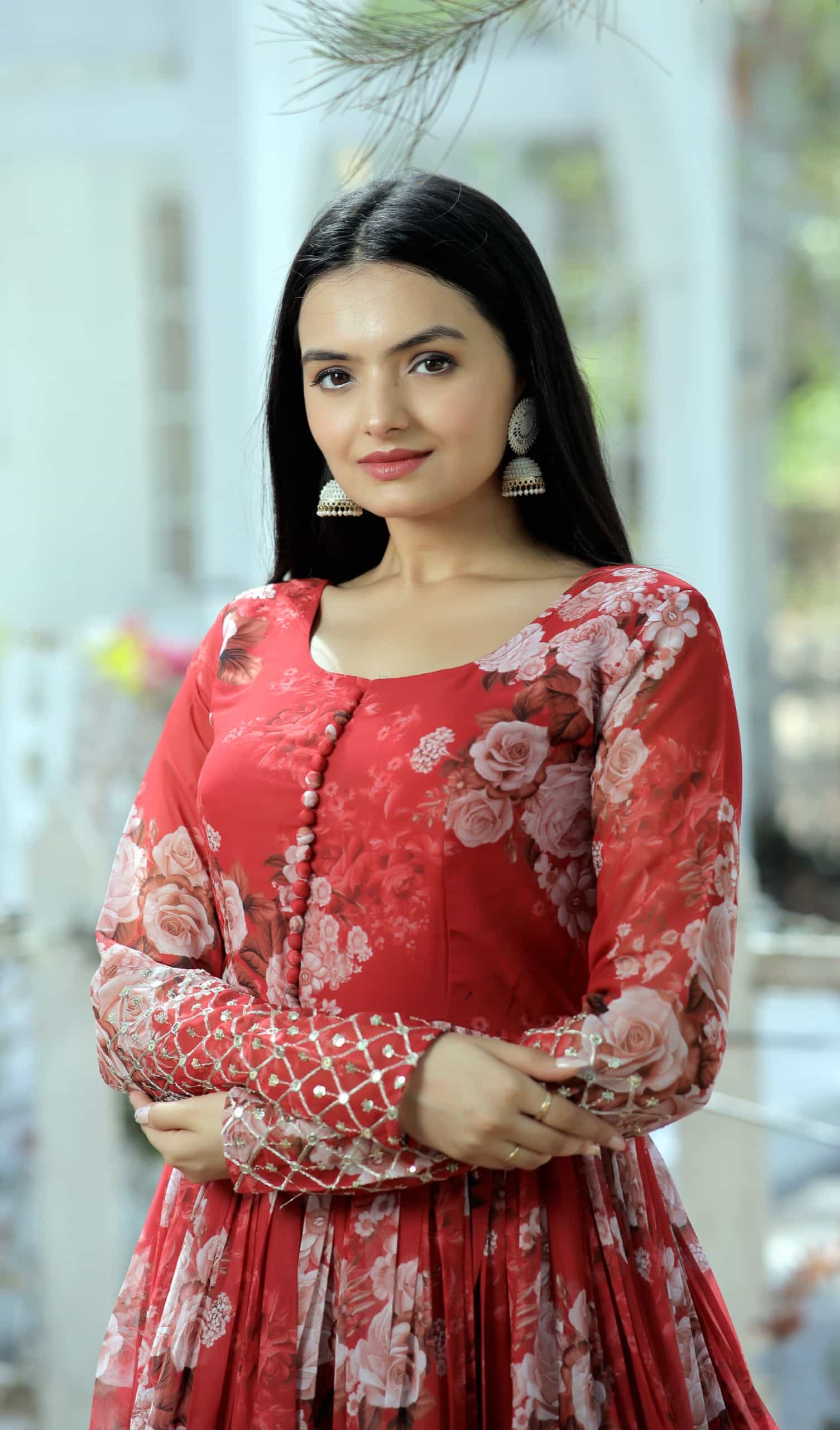 Red digital printed embroidered gown