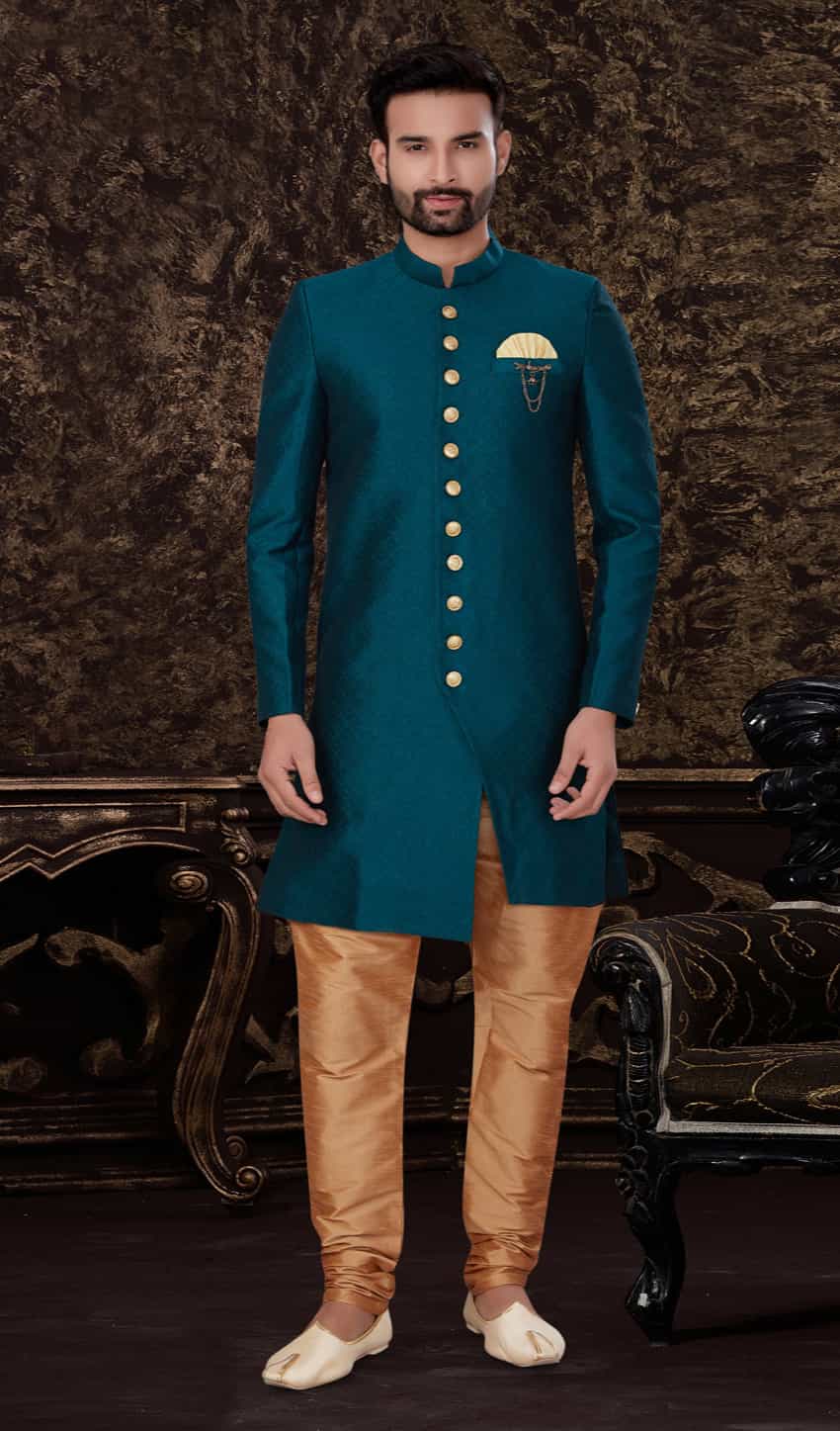 Jacquard Silk teal kurta pajama