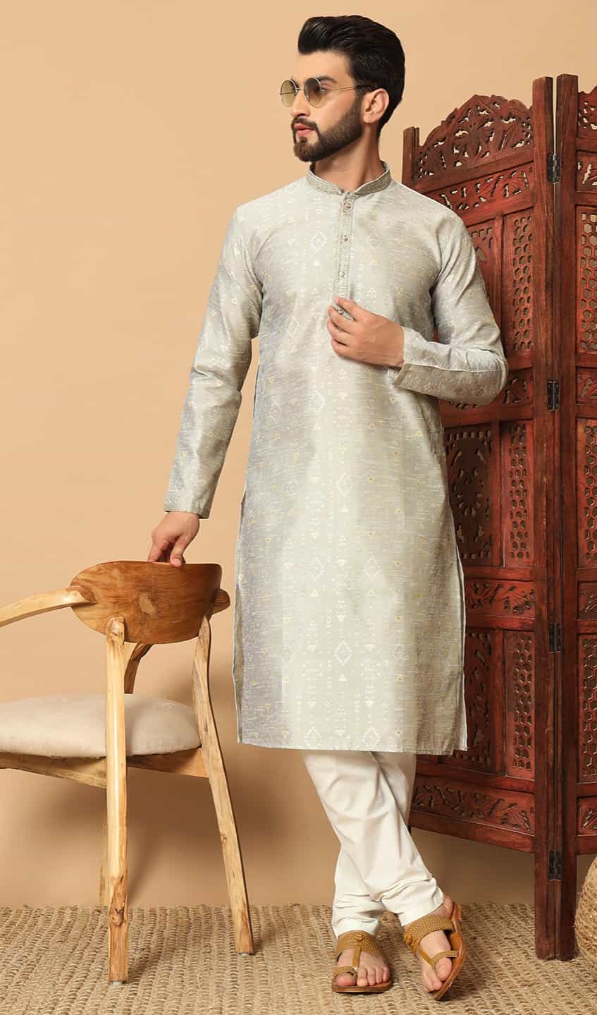 fancy jacquard light grey kurta pajama