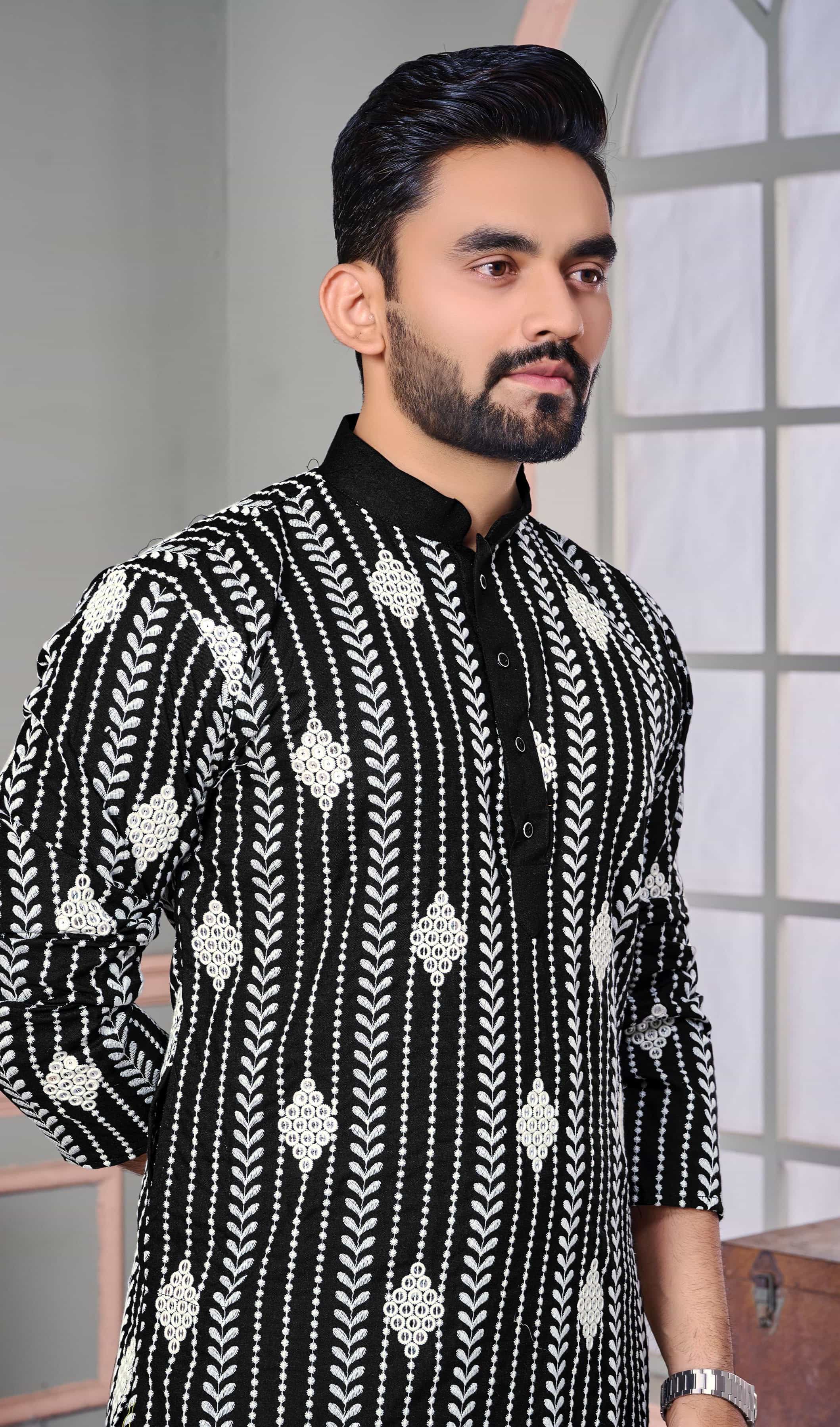linen embroidered kurta pajama for men