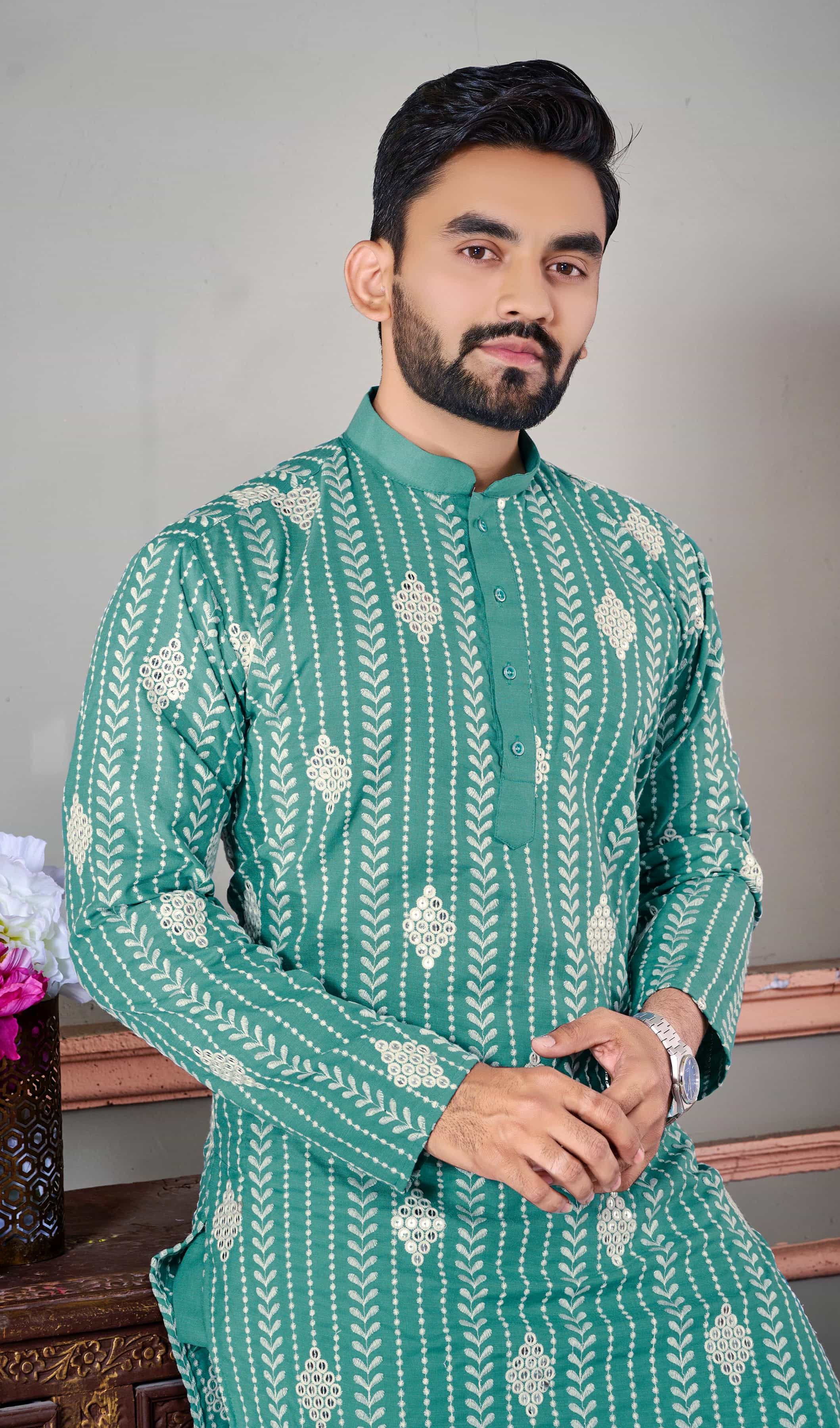teal embroidered kurta pajama men
