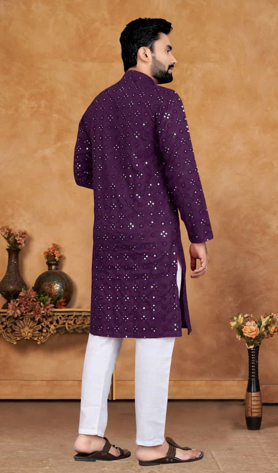 purple men silk kurta pajama