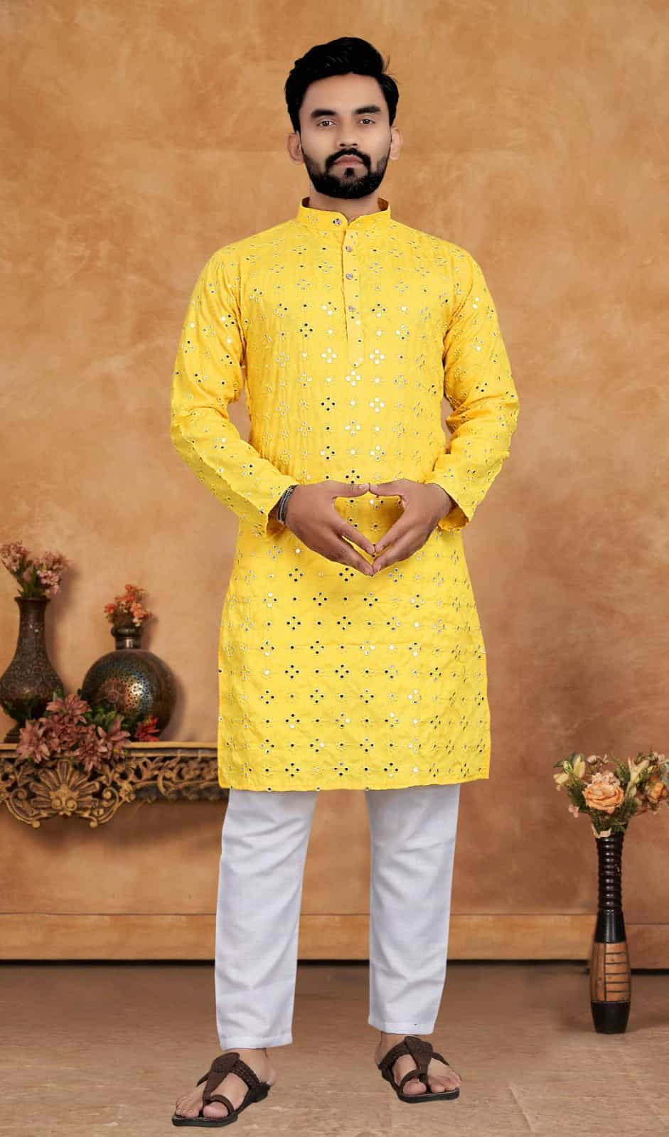 cotton yellow kurta pajama for men