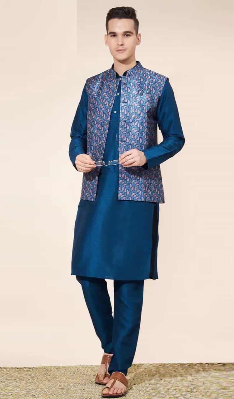 blue kurta pajama with jacket for men
