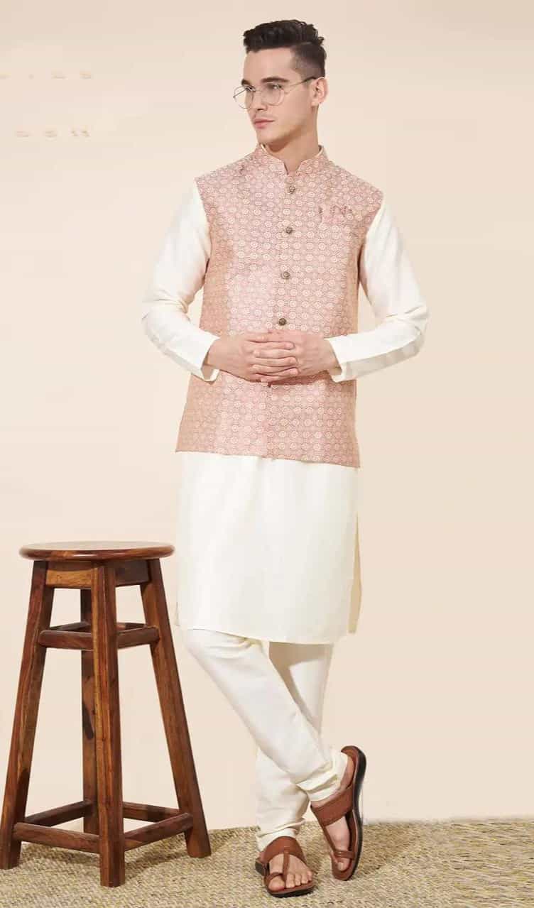 white silk kurta pajama with jacket