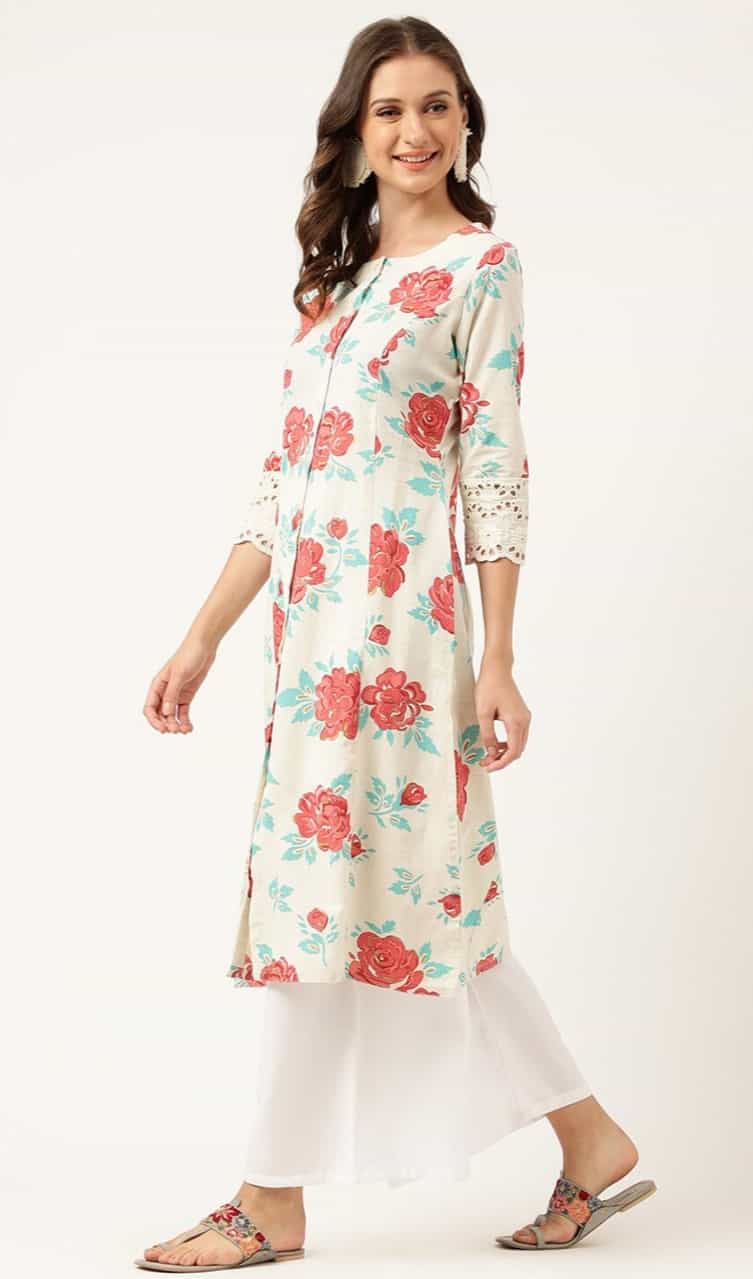 off-white cotton a-line dress with round neck