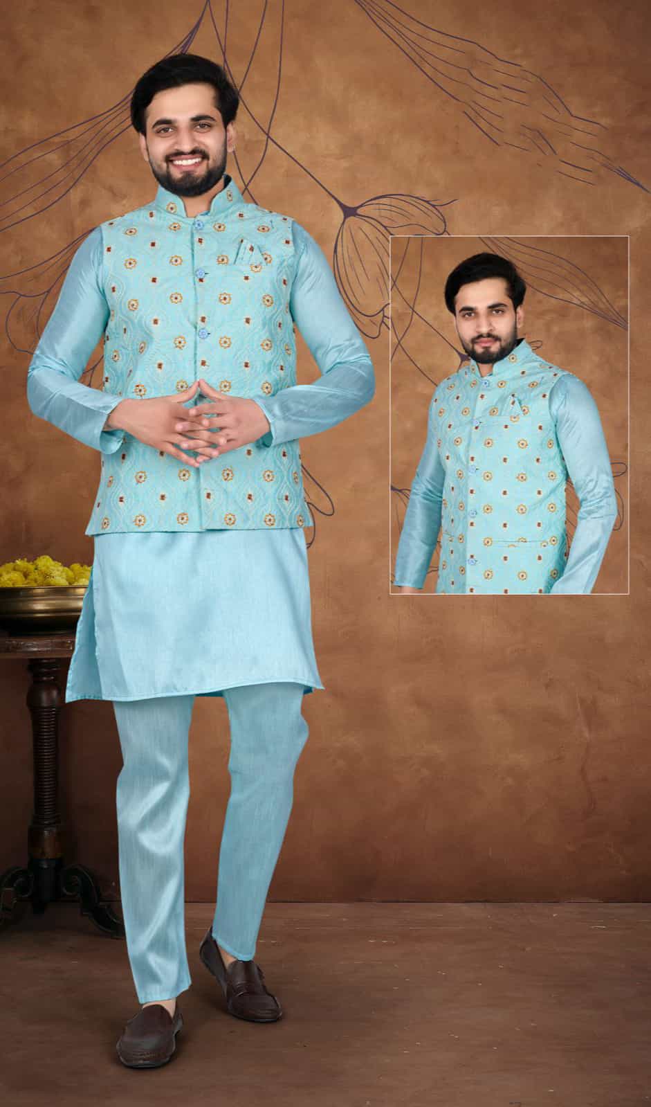 aqua blue silk kurta pajama with jacket for men
