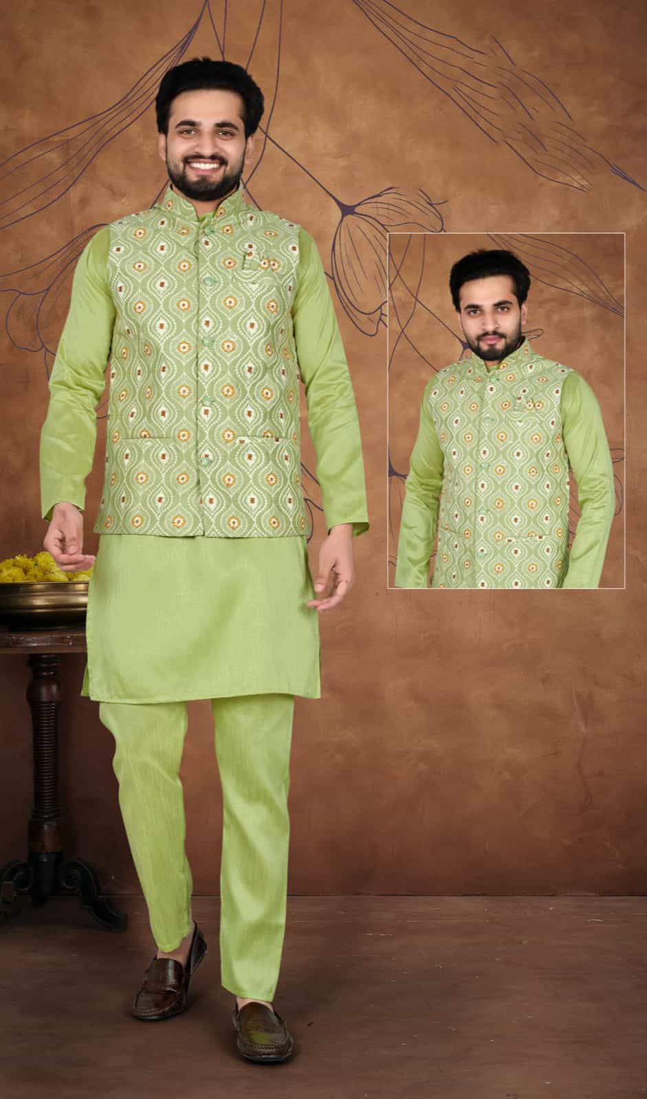 green kurta pajama with jacket for men