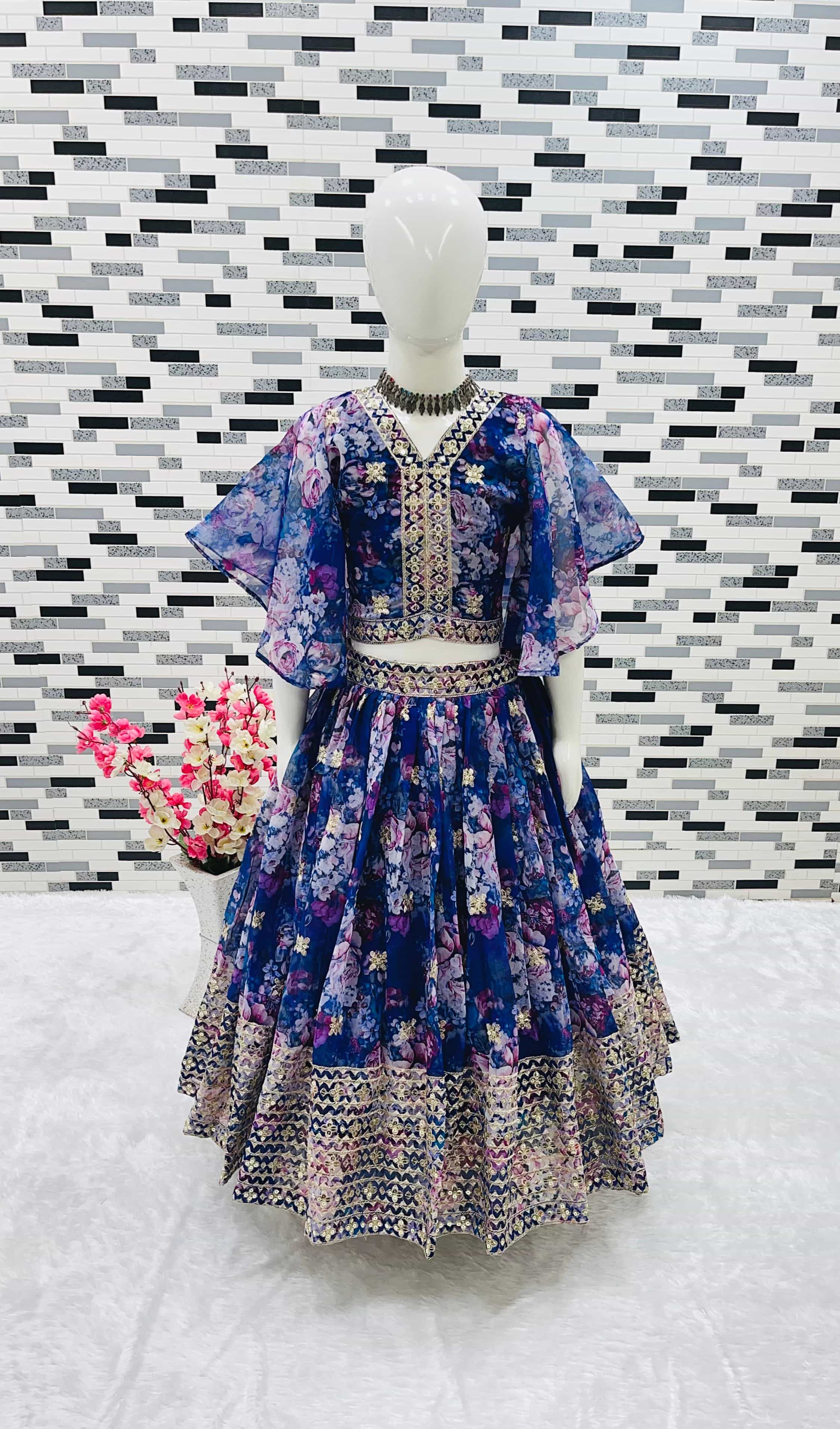 purple girls' lehenga choli with digital print and sequin embroidery