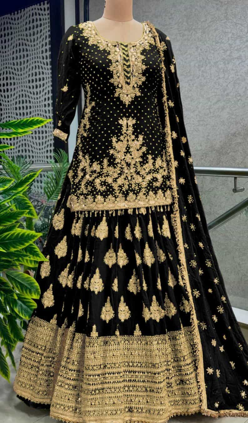black chinon silk lehenga with sleeves and sequence work