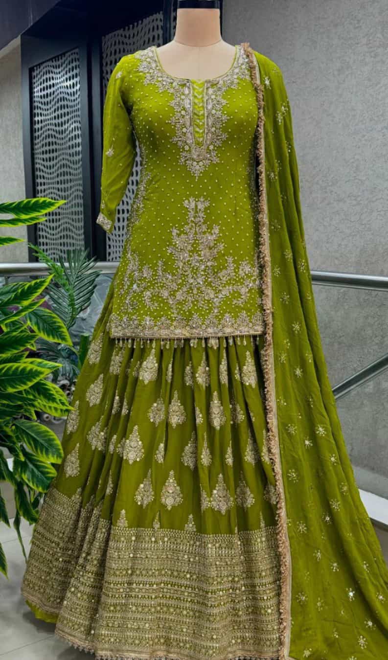 neon green chinon silk lehenga with sleeves and sequence work