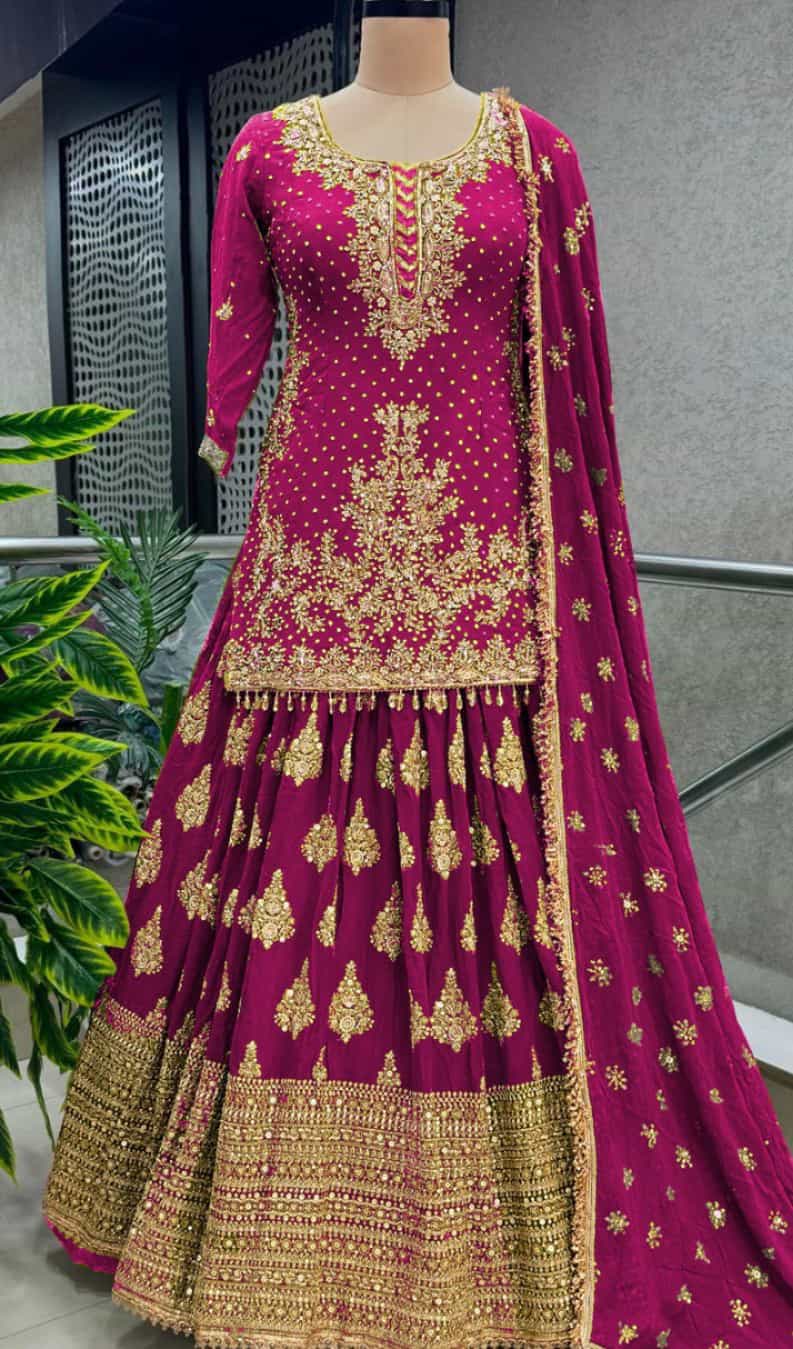 chinon silk lehenga with sleeves and sequence work