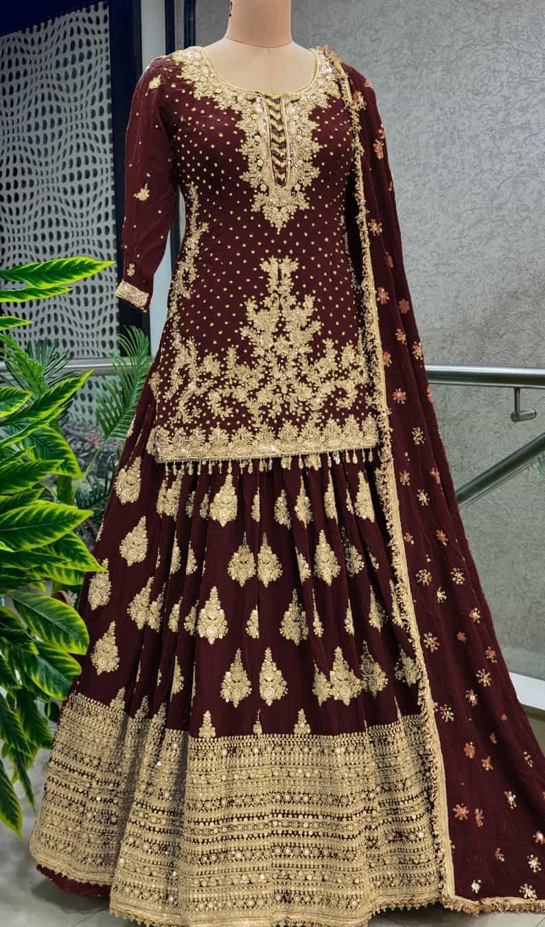 chinon silk lehenga with sleeves and sequence work
