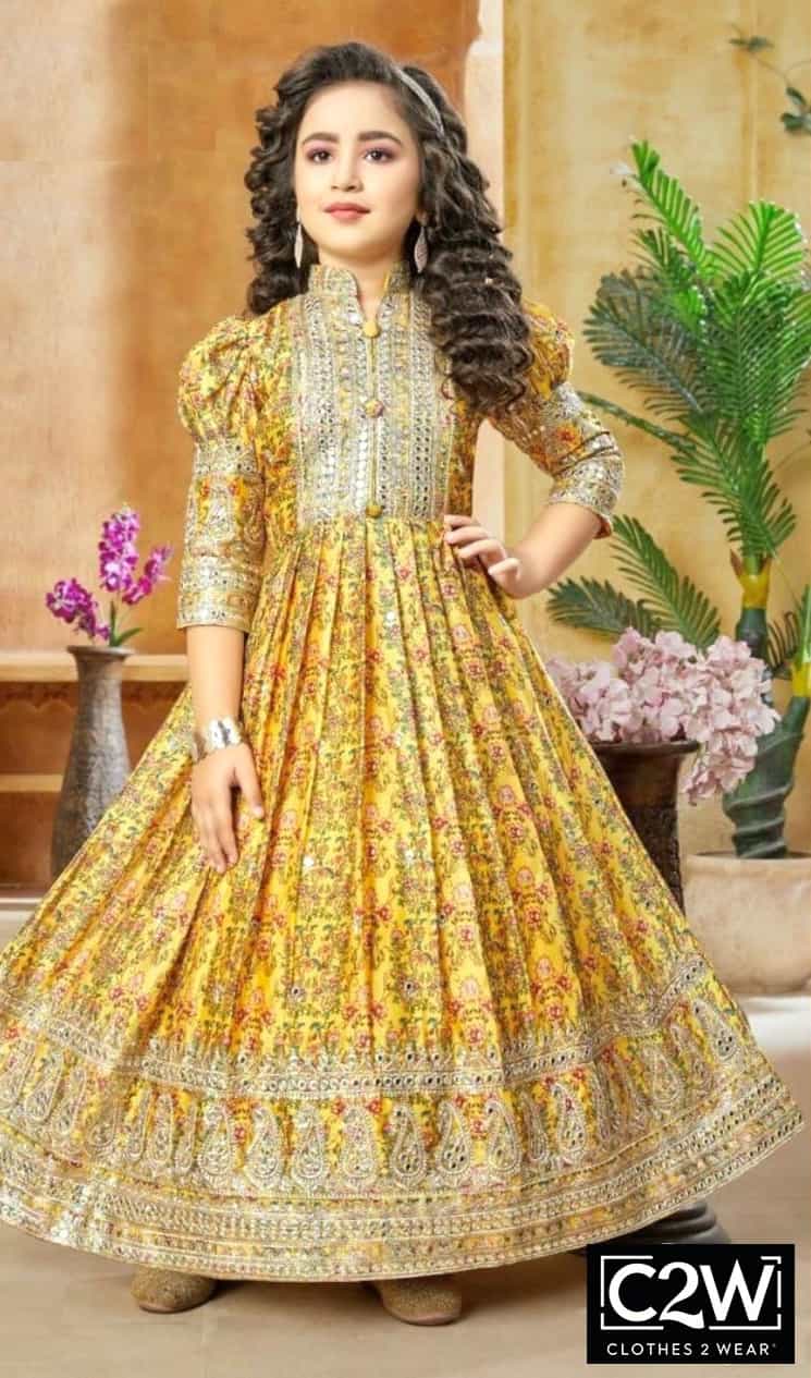 golden chinon silk floral girls gown