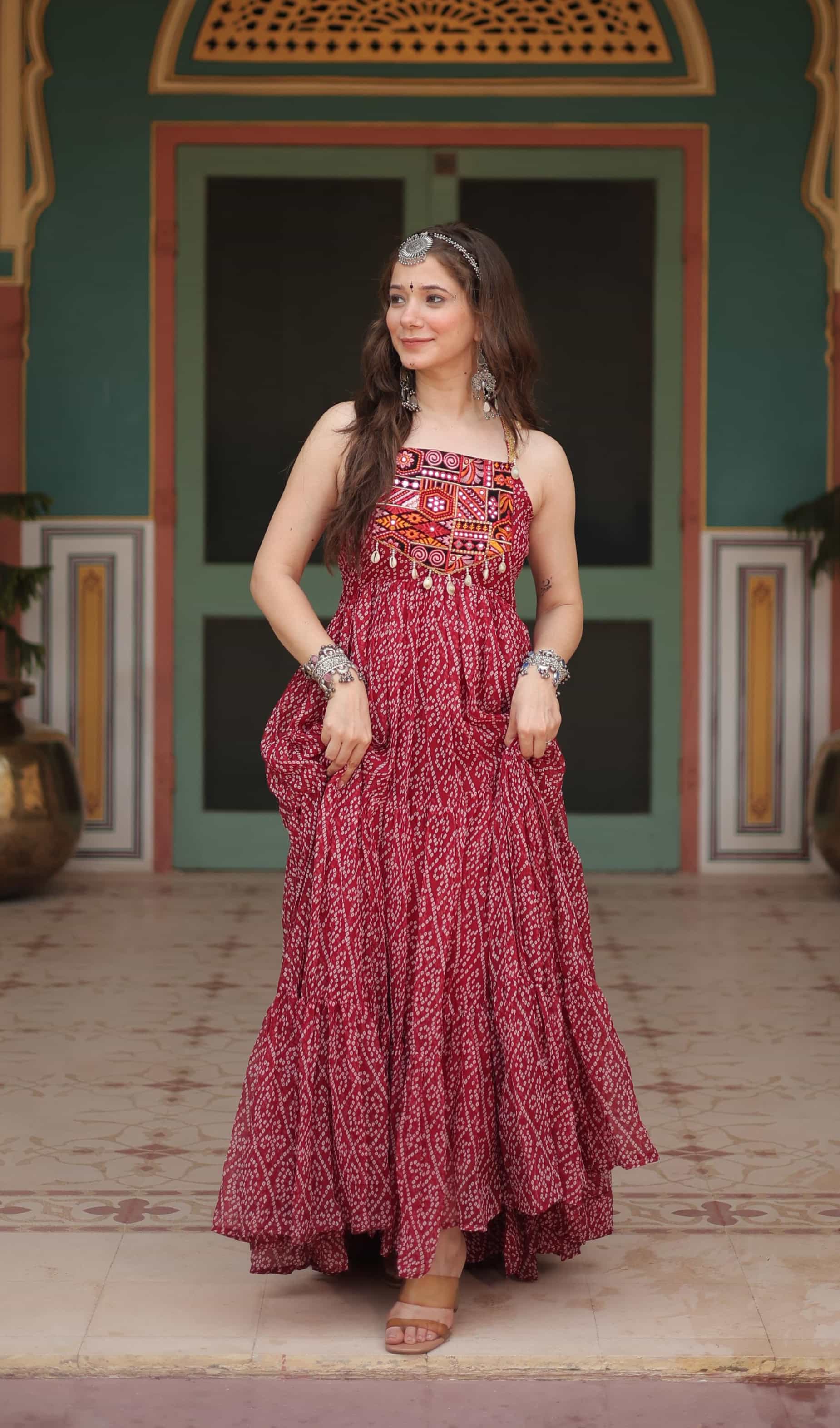 Maroon Bandhani print gown 