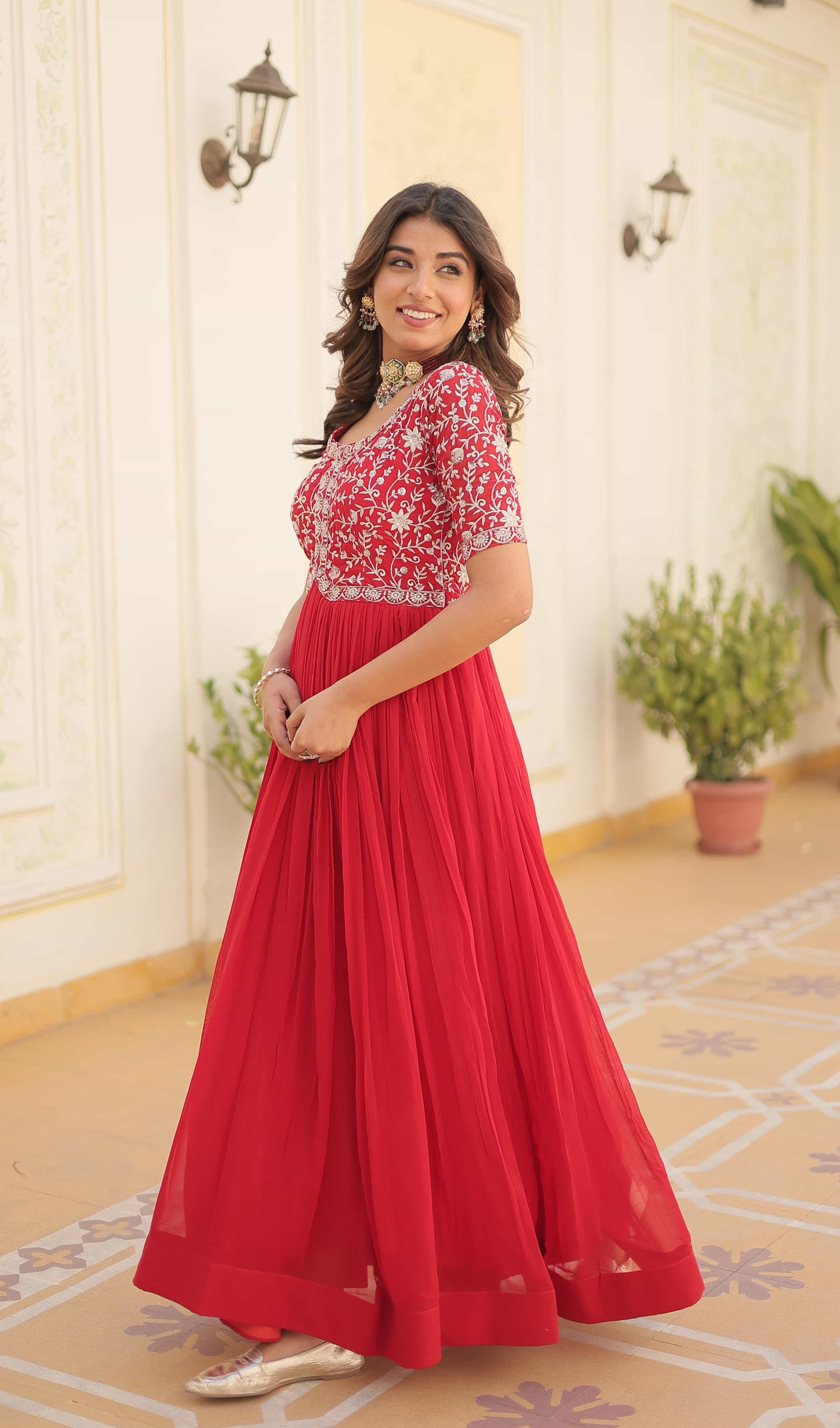 Zari sequins work half-sleeve gown
