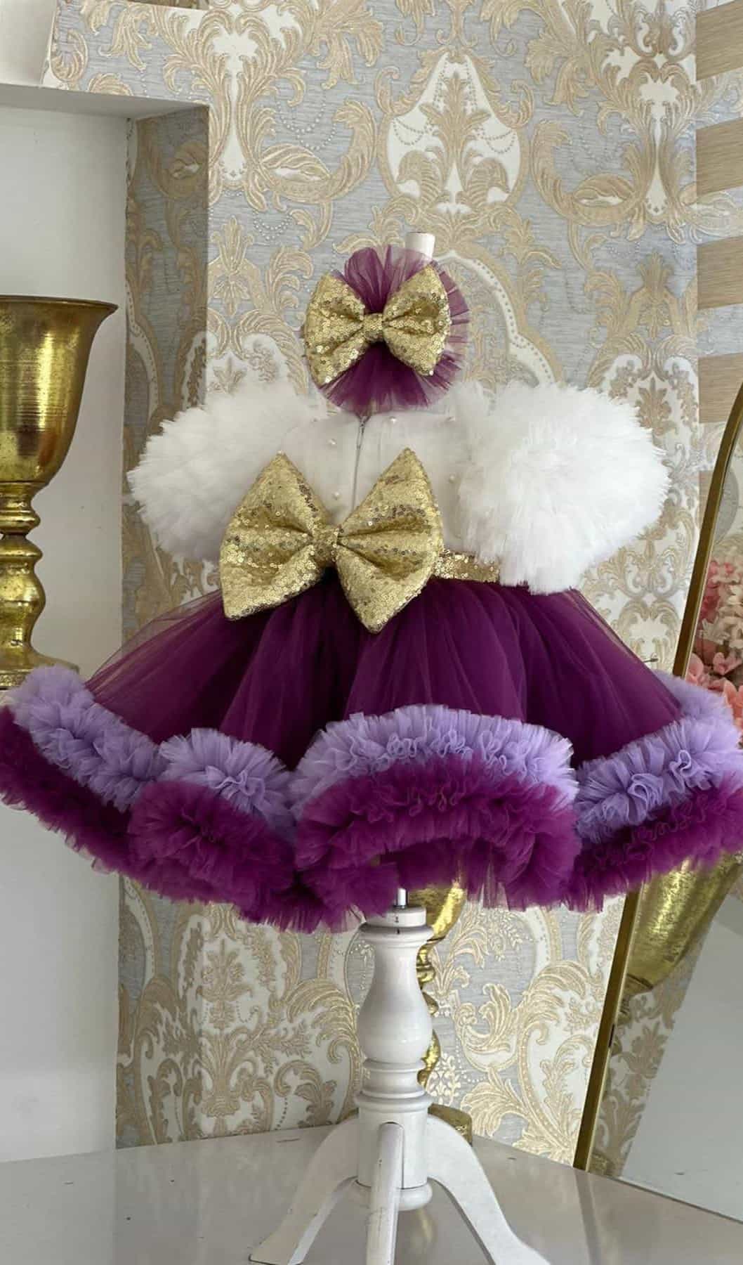 White and Purple Net Frock for Girls