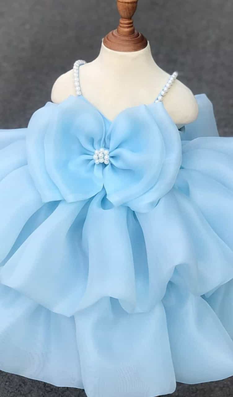 Blue Birthday Party Frock with Bow Design