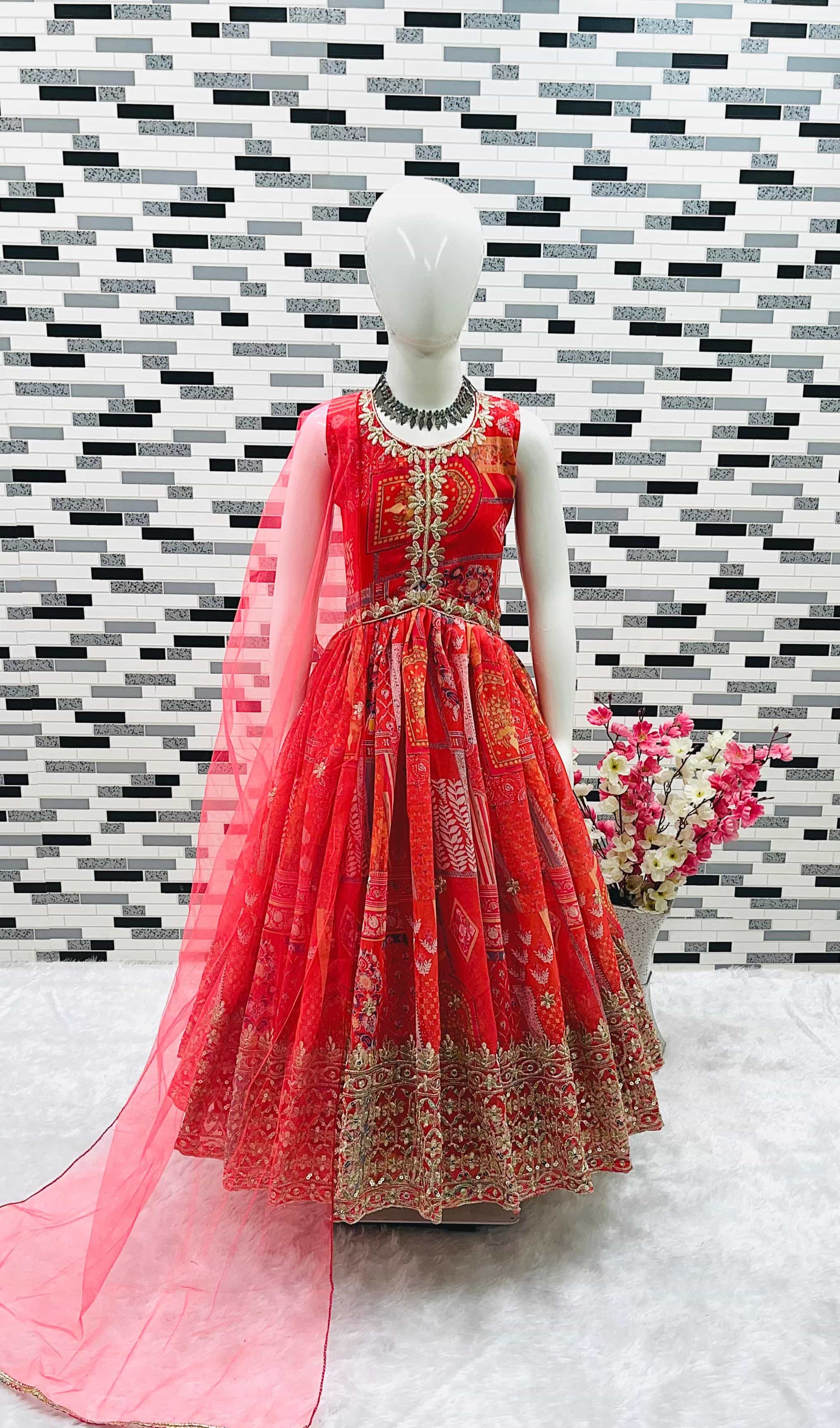 Red Digital Print Embroidered Gown