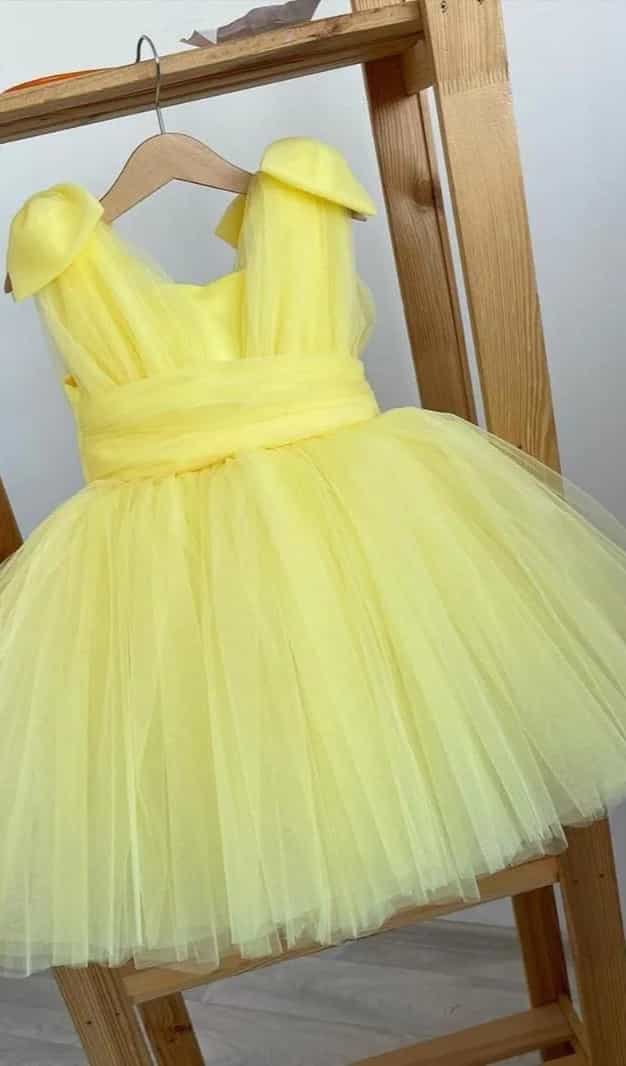 yellow Bow Shoulder Dress for Girls